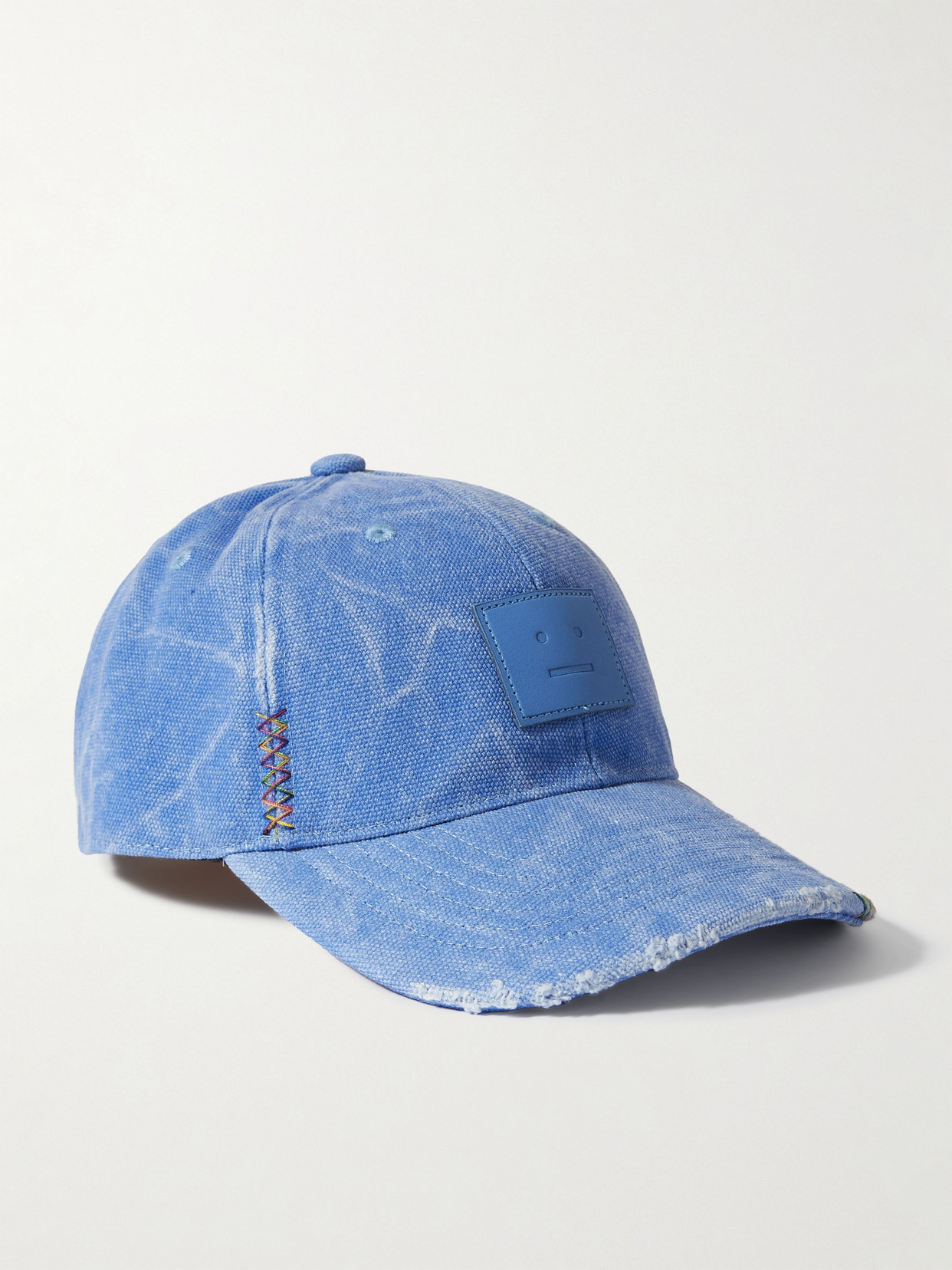 Acne Studios Face Leather-appliquéd Distressed Cotton-canvas Baseball Cap In Blue