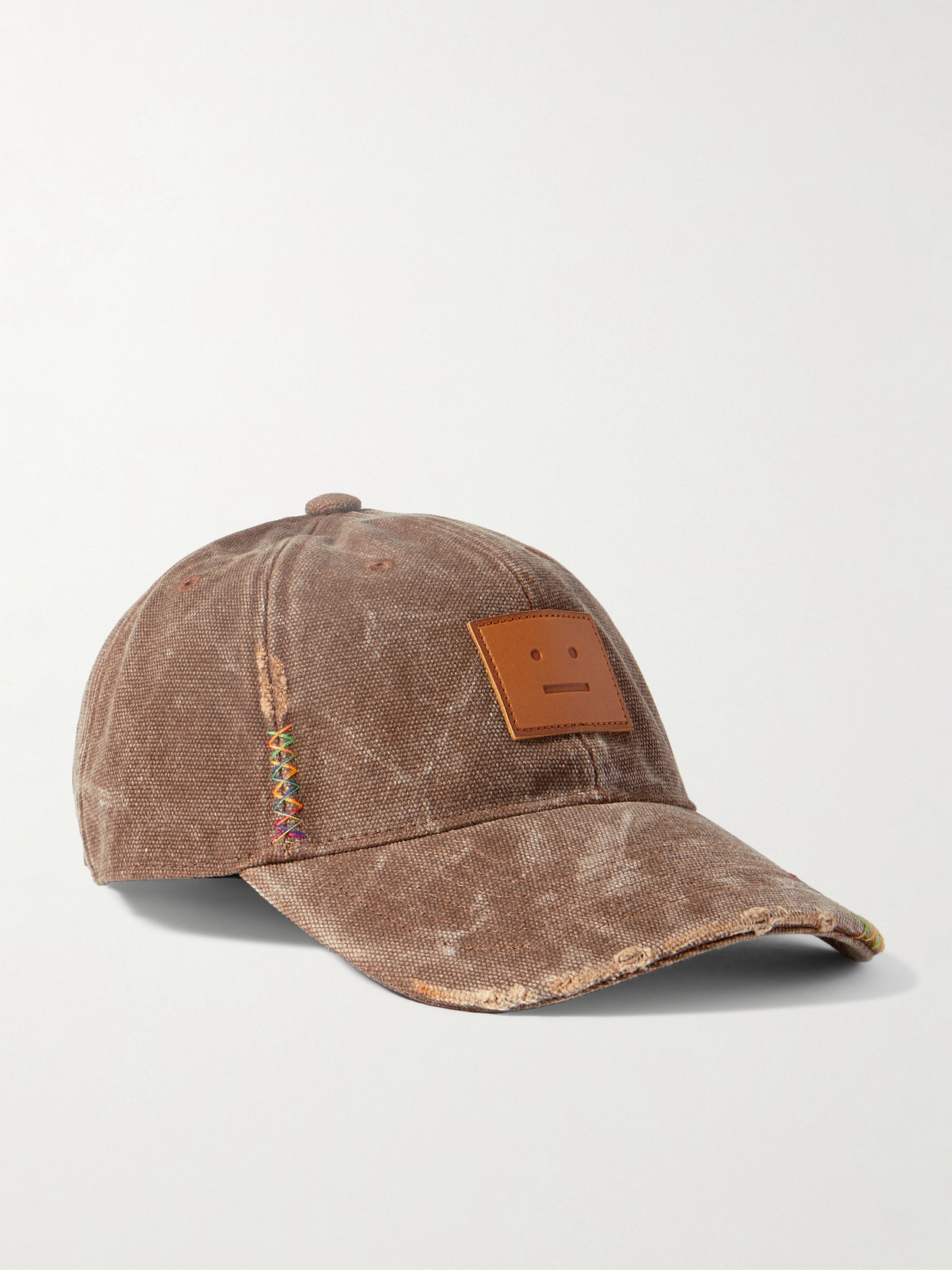 Acne Studios Face Leather-appliquéd Distressed Cotton-canvas Baseball Cap In Brown