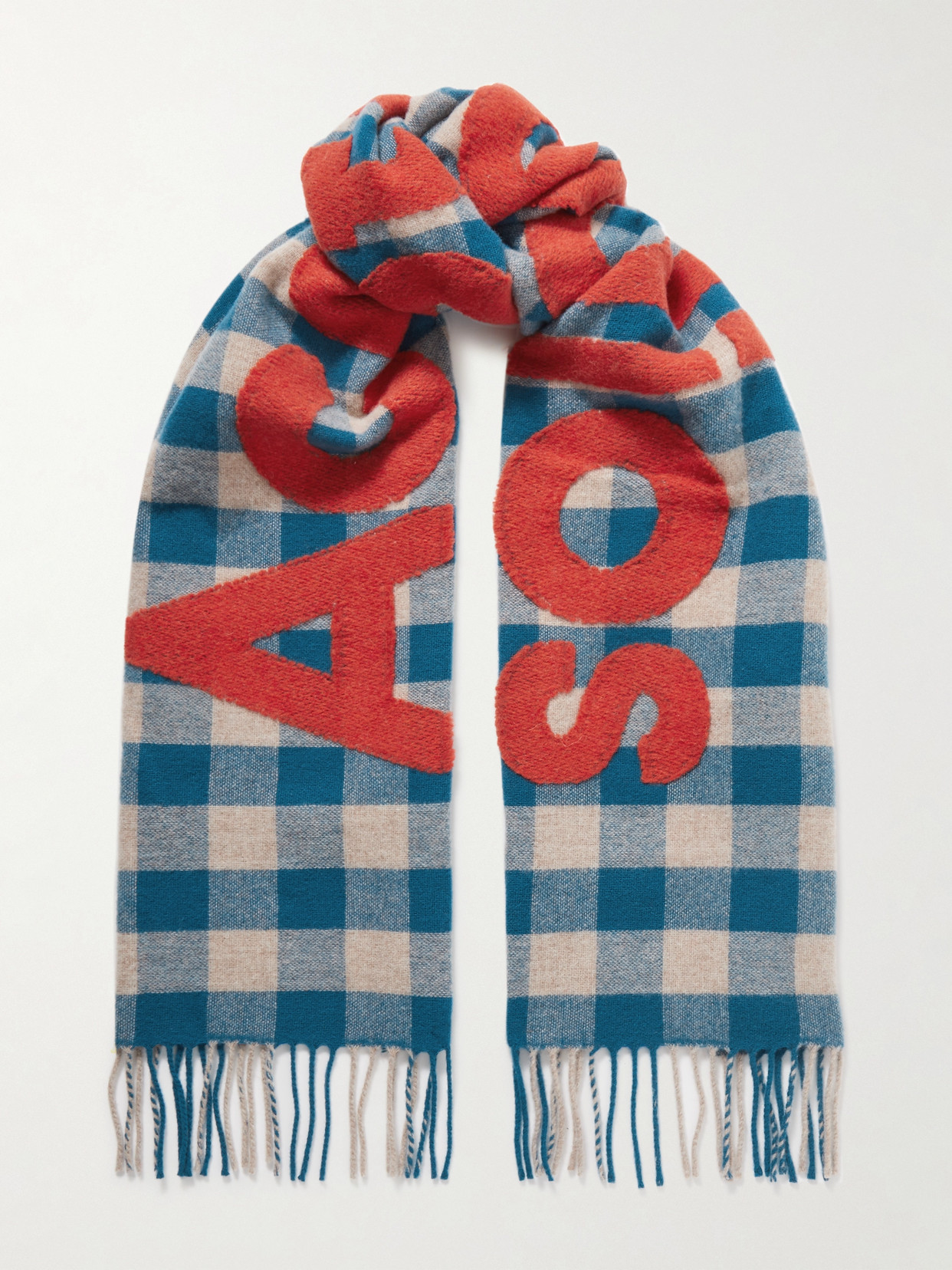 Acne Studios Appliquéd Fringed Checked Wool-blend Scarf In Blue