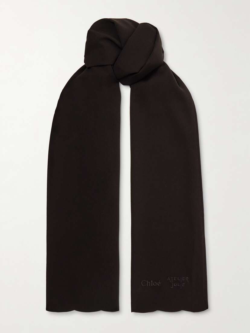 Chloé + Atelier Jolie Scalloped Embroidered Crepe Scarf