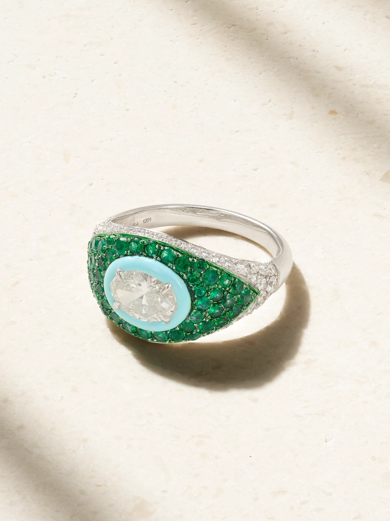 Kamyen 18-karat White Gold Diamond, Emerald And Enamel Ring