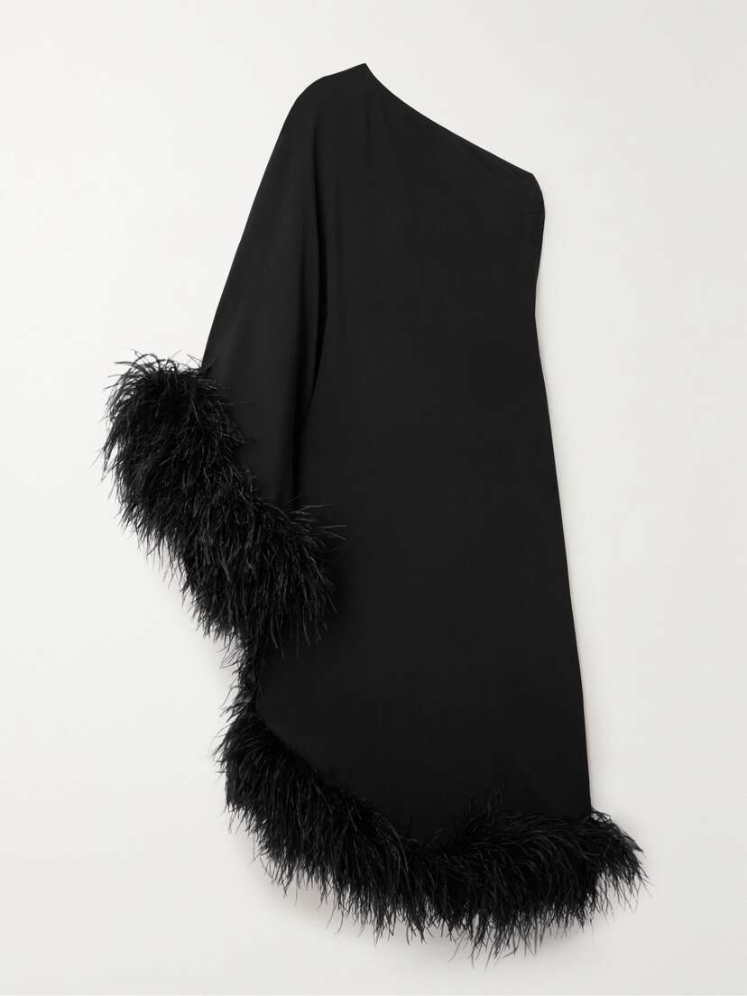 Taller Marmo Ubud One-shoulder Feather-trimmed Crepe Maxi Dress