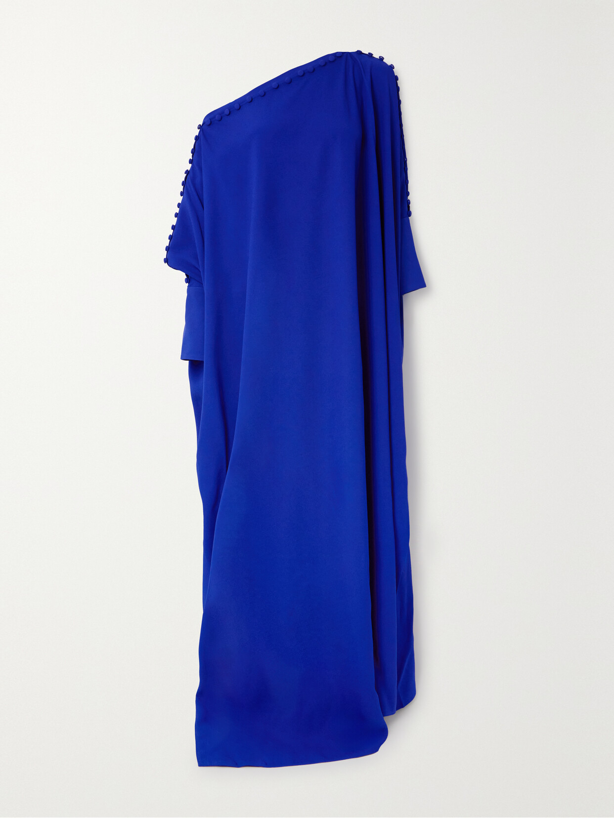 Taller Marmo Mila One-shoulder Button-embellished Crepe Kaftan In Blue