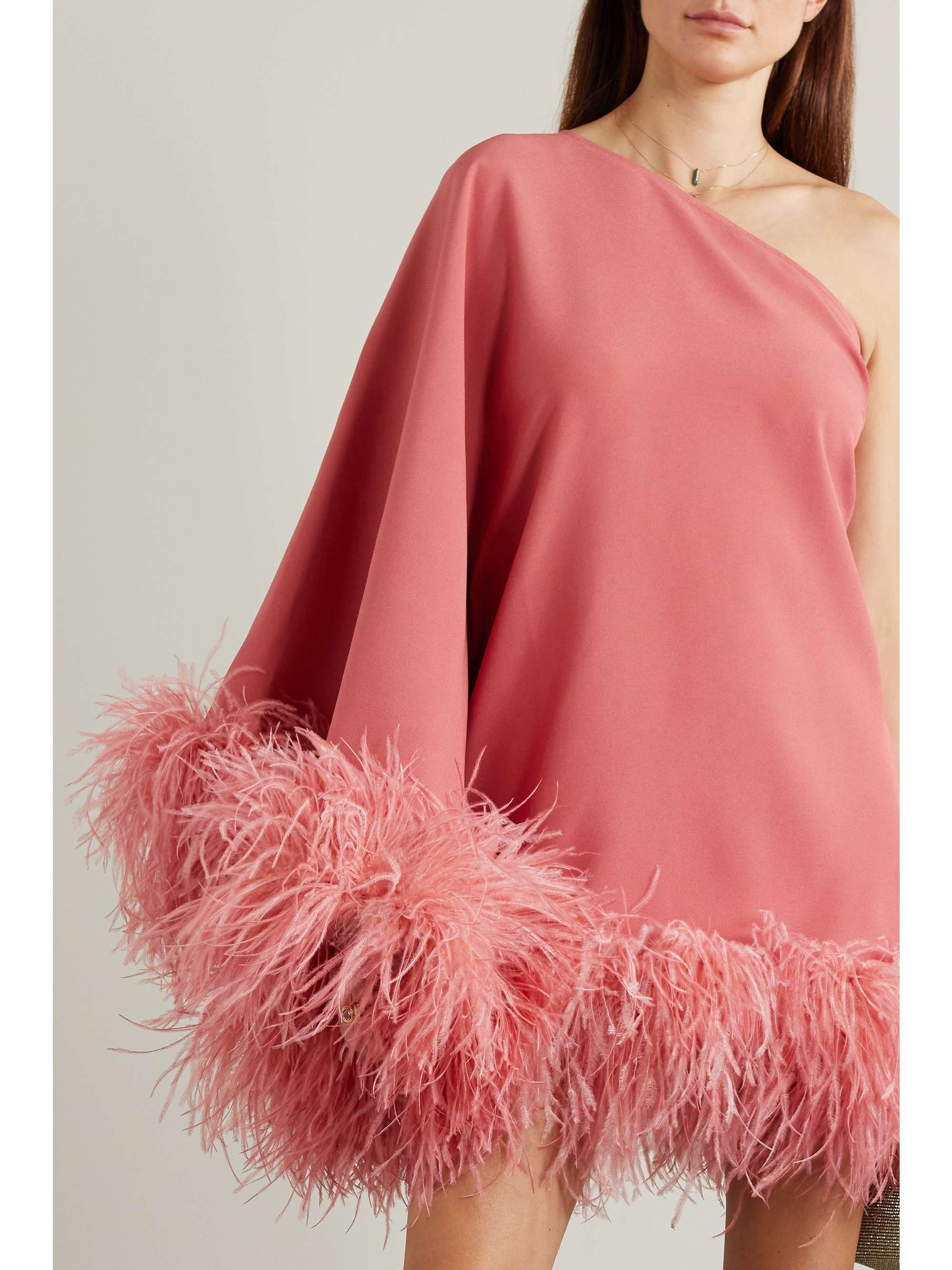 Feather-trimmed crepe mini dress in pink