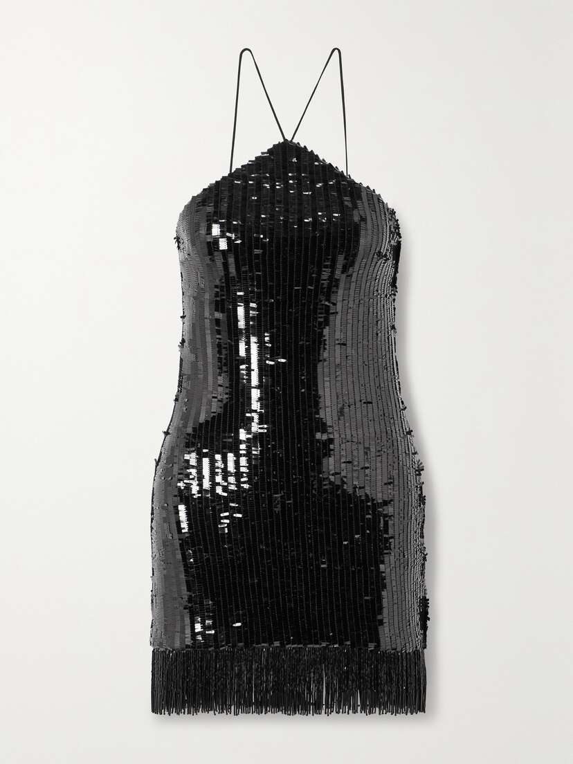 Taller Marmo Pat Fringed Sequined Tulle Halterneck Mini Dress