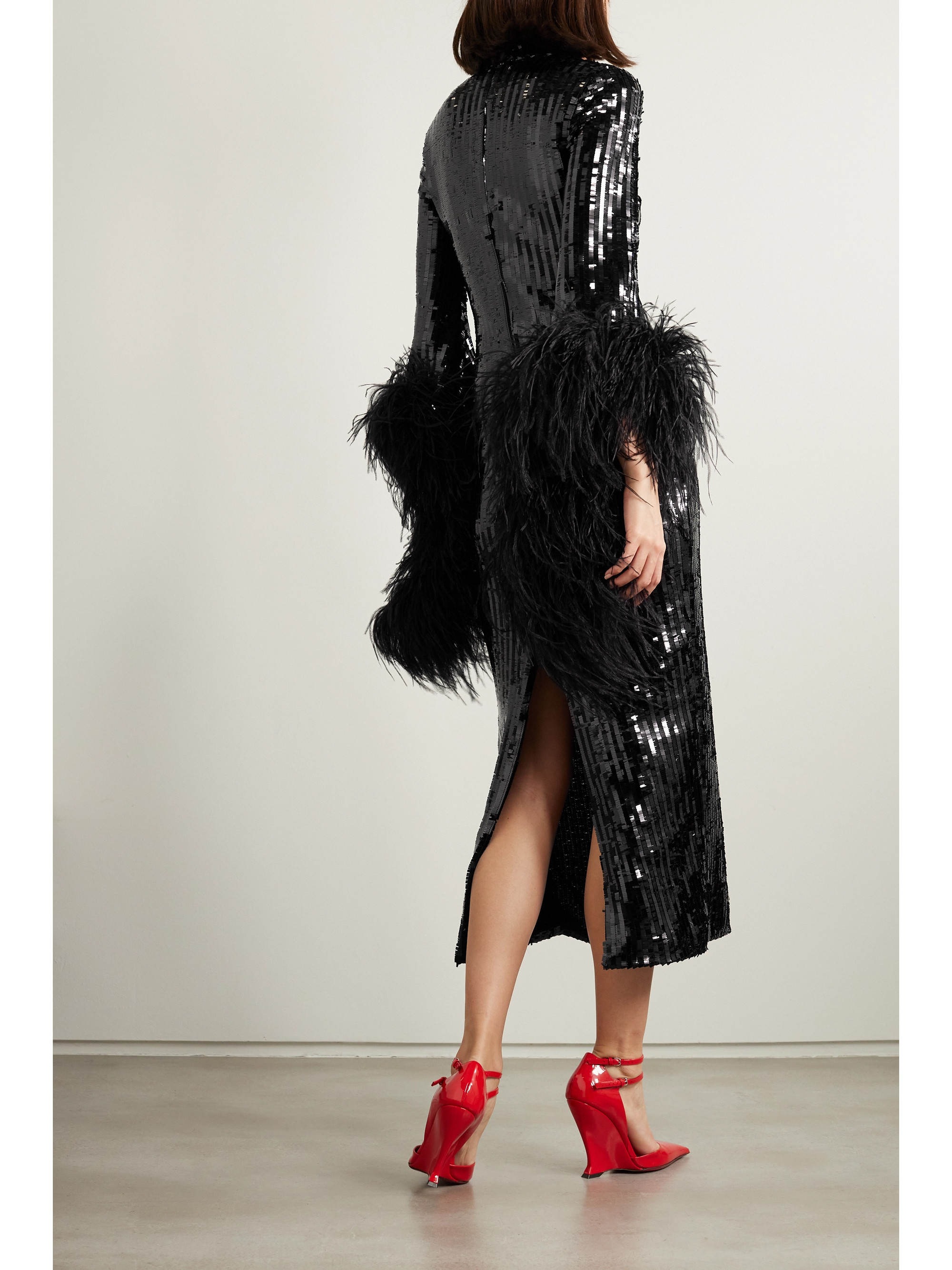 Taller Marmo Del Rio Disco feather-trimmed sequined tulle midi dress