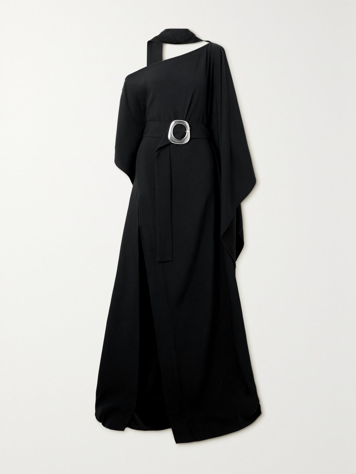 Taller Marmo Taylor Asymmetric Belted Crepe Maxi Dress In Black