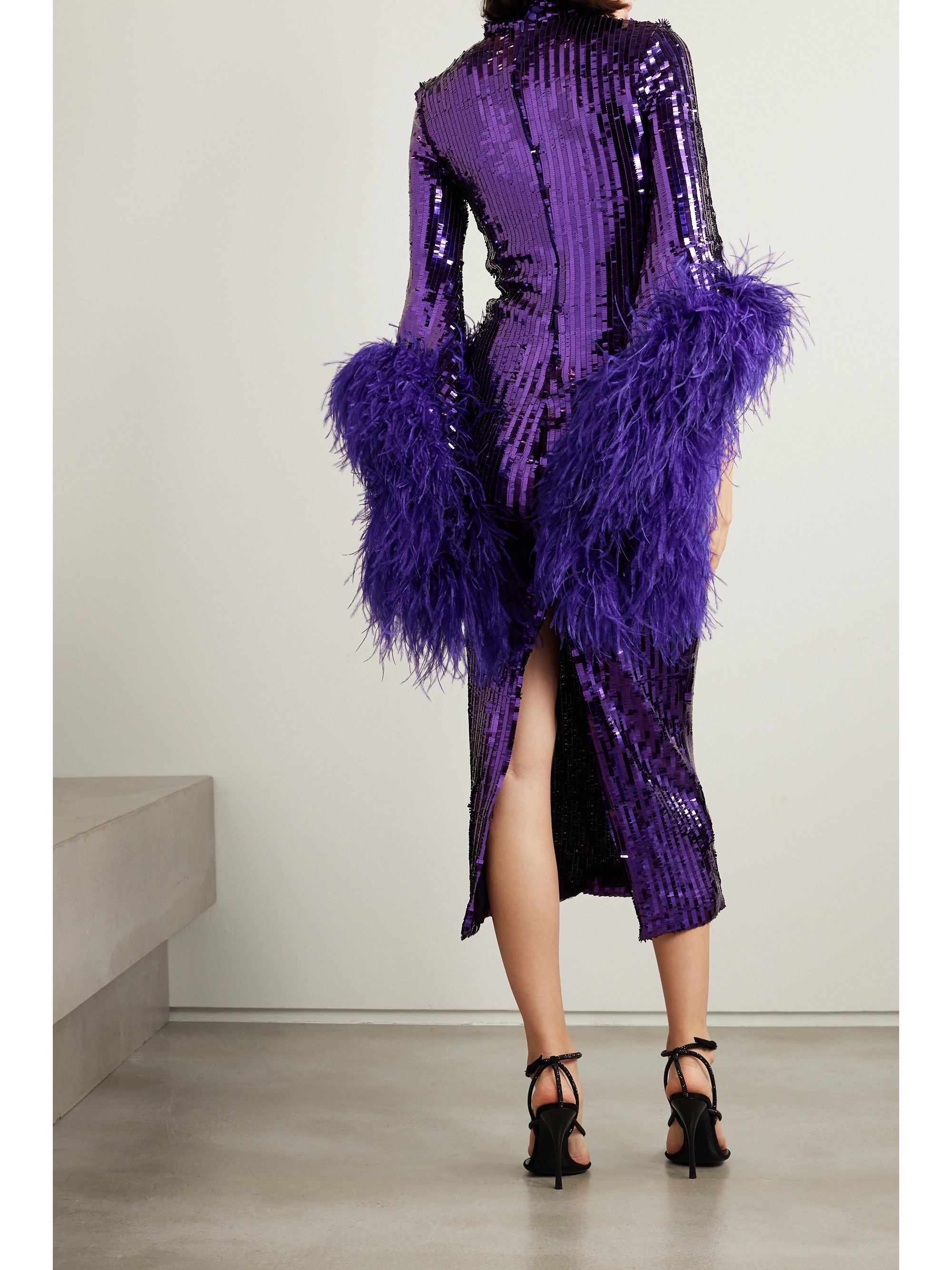 Taller Marmo Del Rio Disco feather-trimmed sequined tulle midi dress