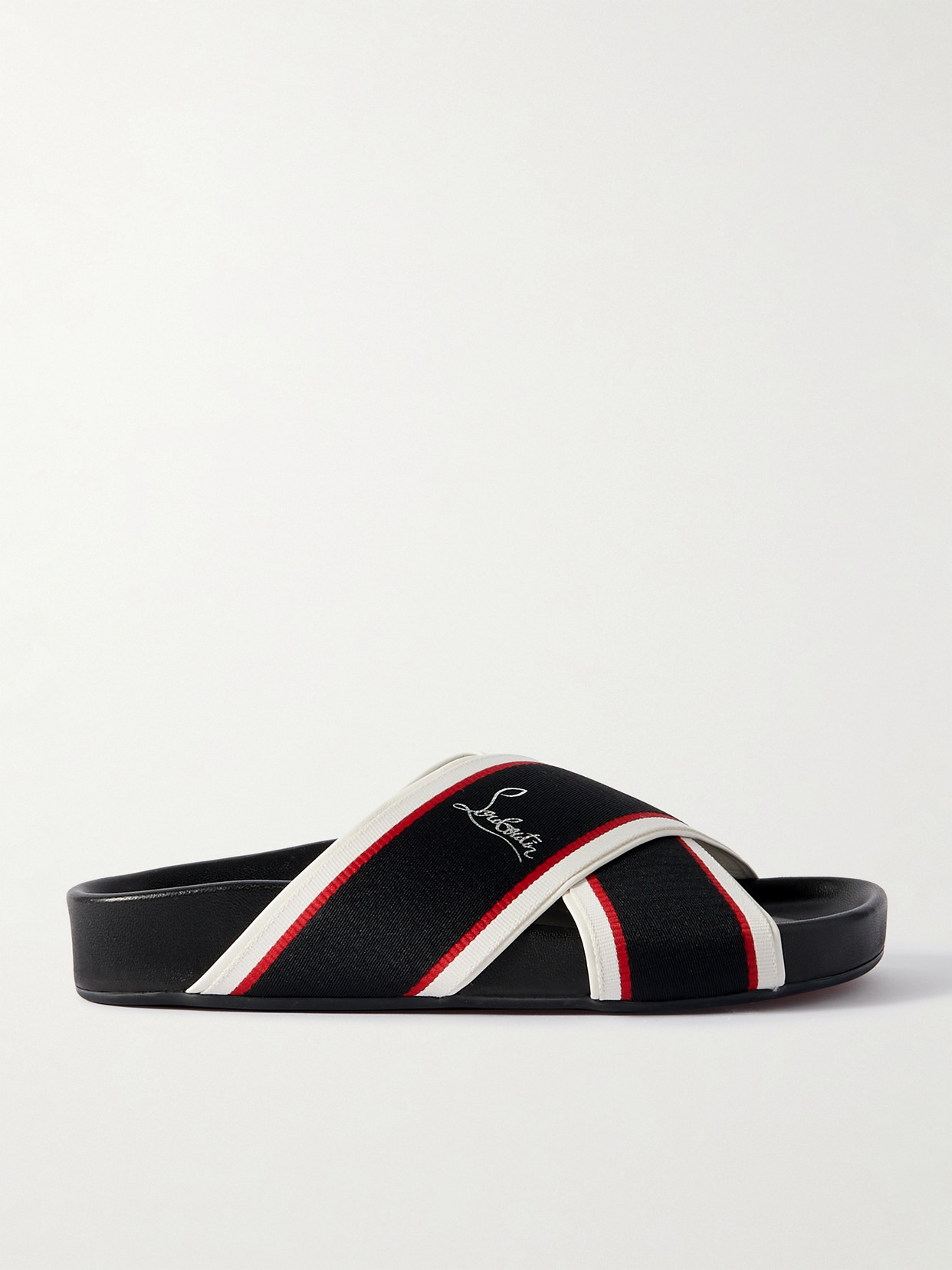 Shop Christian Louboutin Hot Cross Bizz Striped Grosgrain Slides In Black