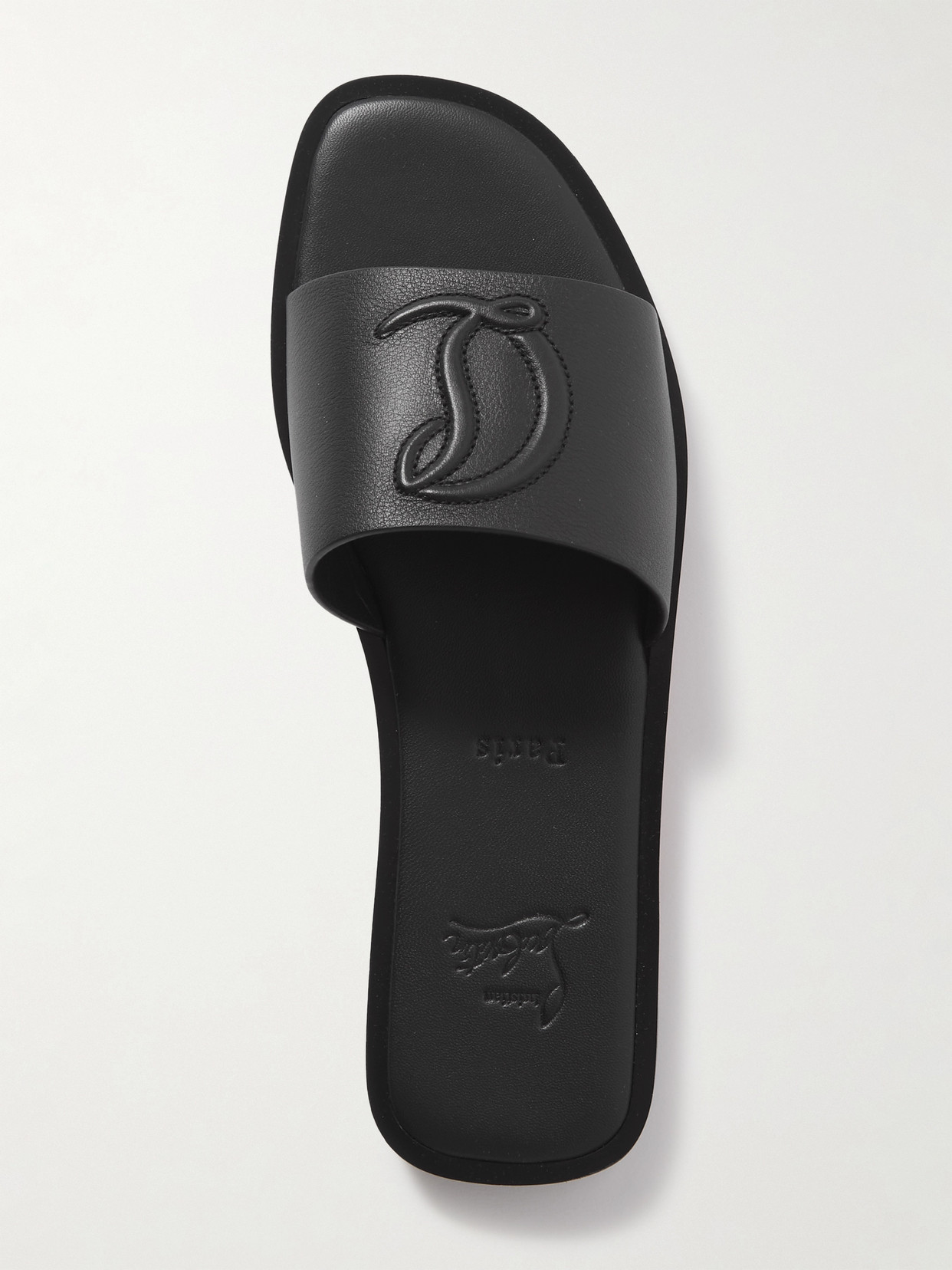 Shop Christian Louboutin Cl Logo-embossed Leather Slides In Black