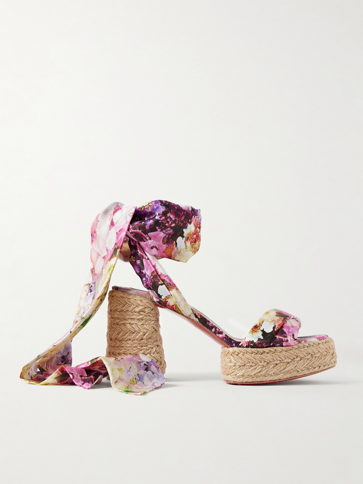 Shop Christian Louboutin Mariza Du Desert 95 Floral-print Satin Espadrille Platform Sandals In Purple