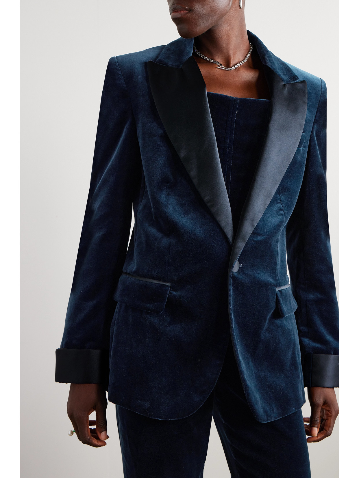 Costarellos Satin-trimmed Cotton-velvet Blazer In Blue