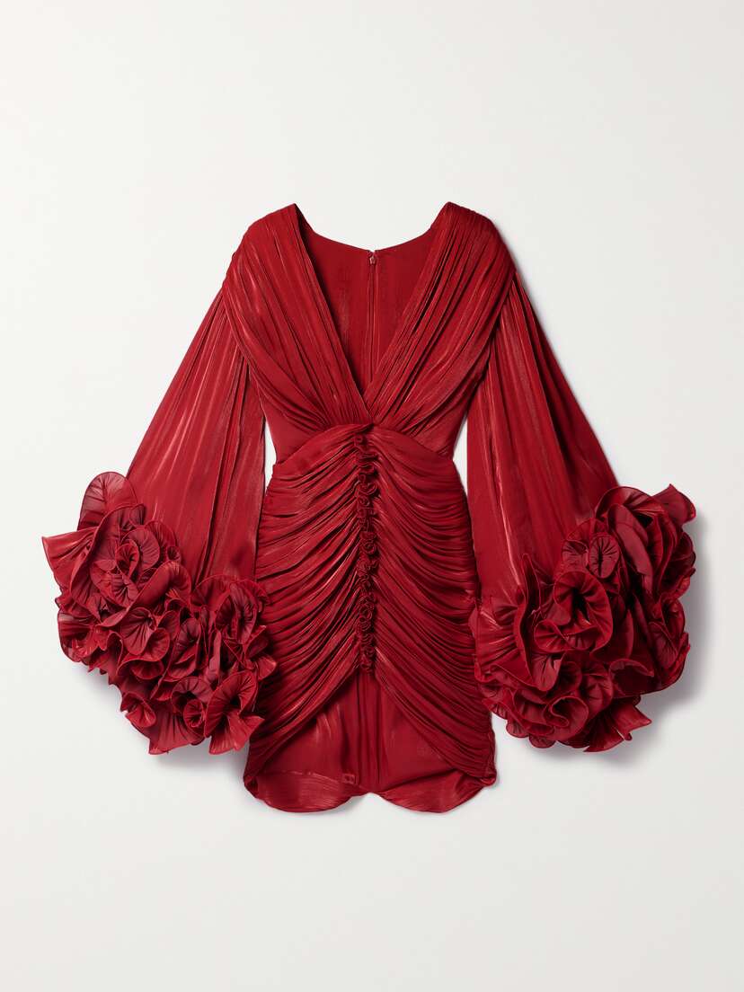 Costarellos Ruched Ruffled Metallic Georgette Mini Dress