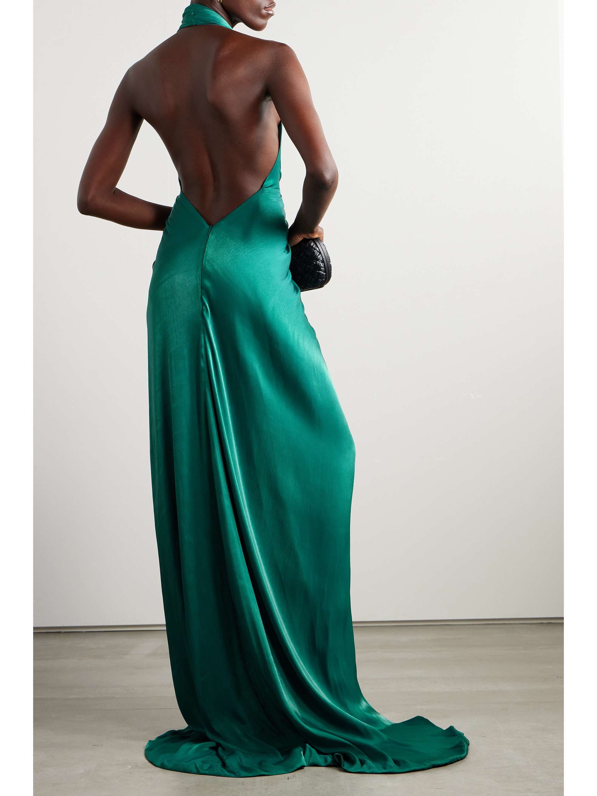 COSTARELLOS Twist-front gathered lamé halterneck gown