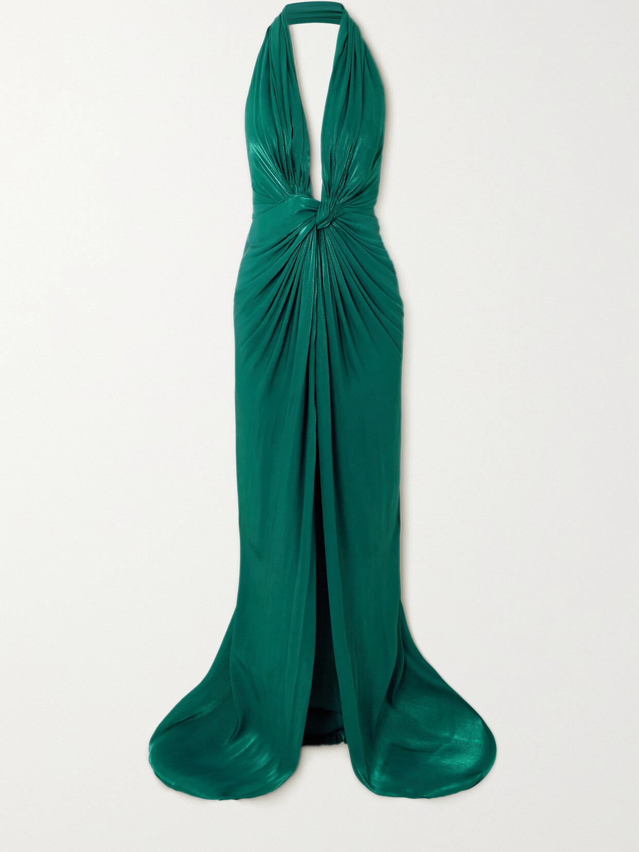 Shop Costarellos Twist-front Metallic Georgette Halterneck Gown In Green