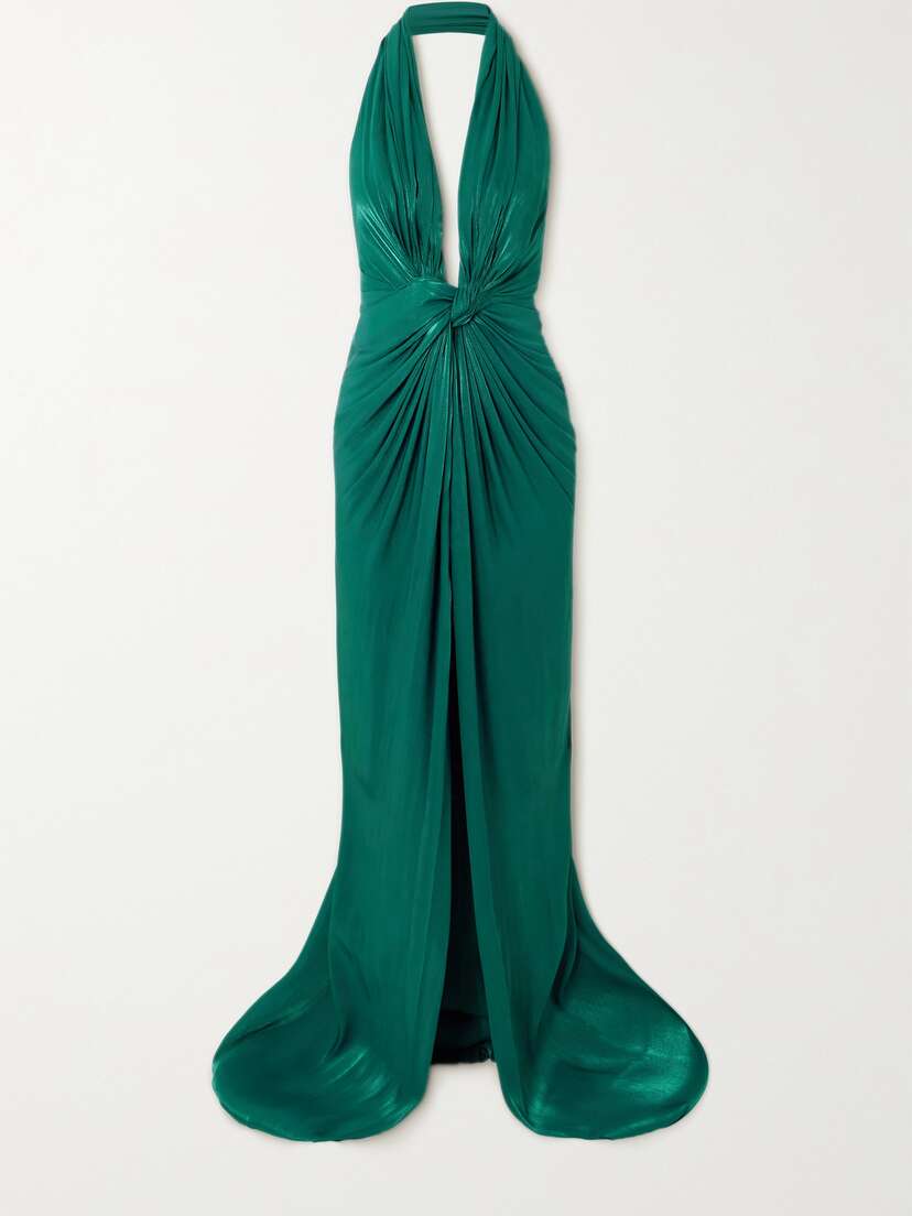 Costarellos Twist-front Metallic Georgette Halterneck Gown
