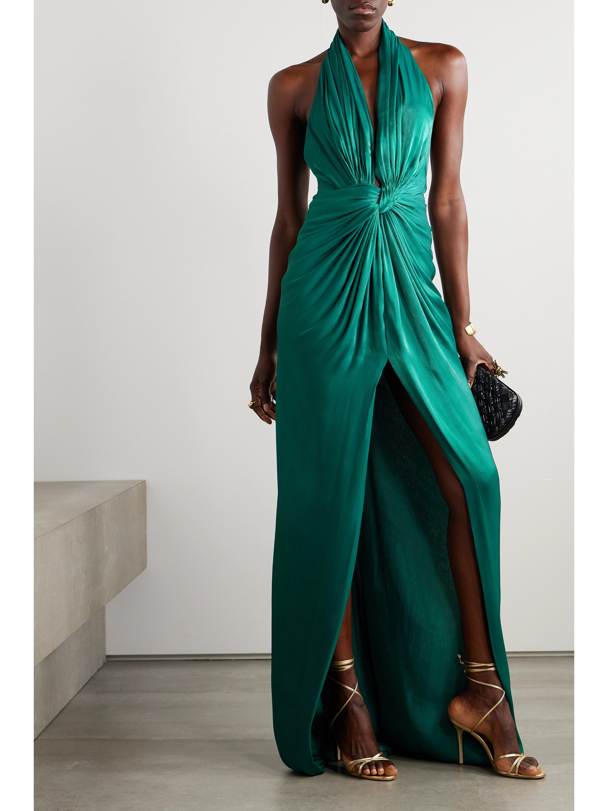 Costarellos Twist-front metallic georgette halterneck gown