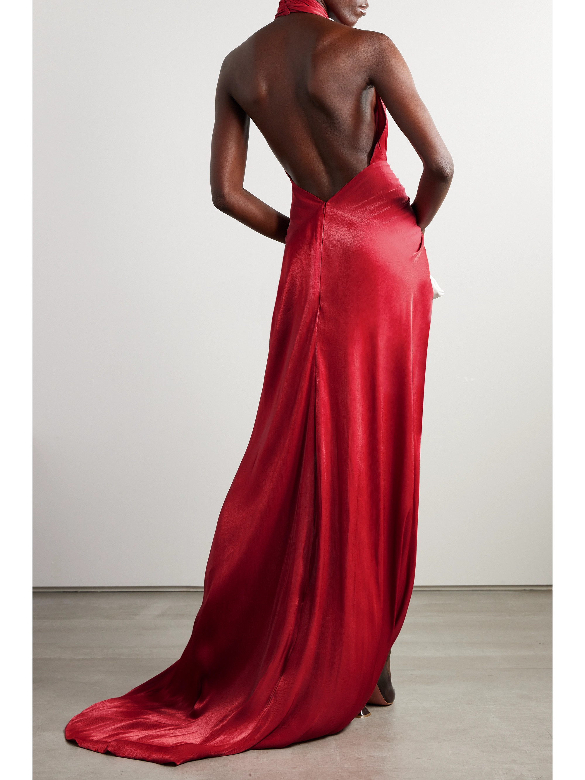 Costarellos Twist-front metallic georgette halterneck gown