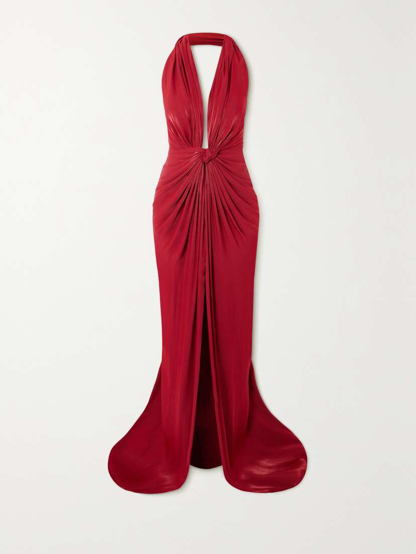 Costarellos Twist-front Metallic Georgette Halterneck Gown