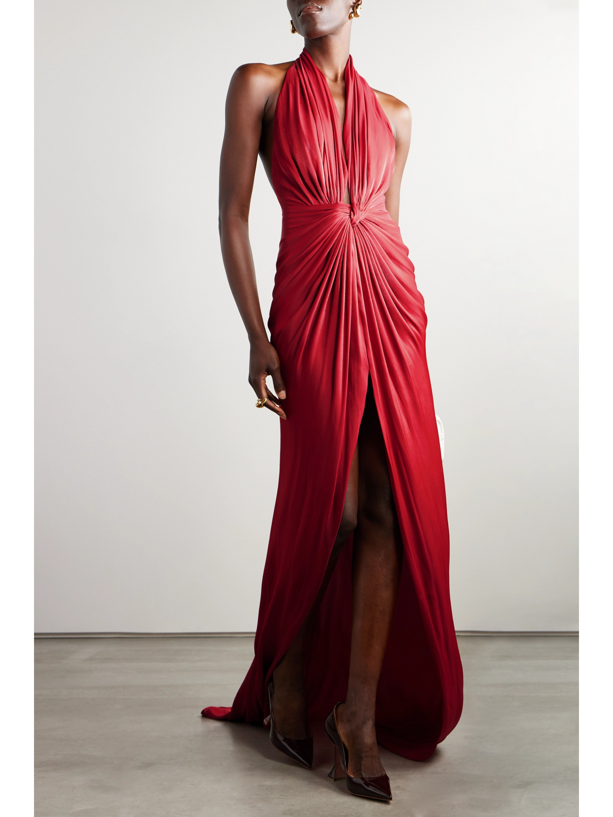 Costarellos Twist-front metallic georgette halterneck gown