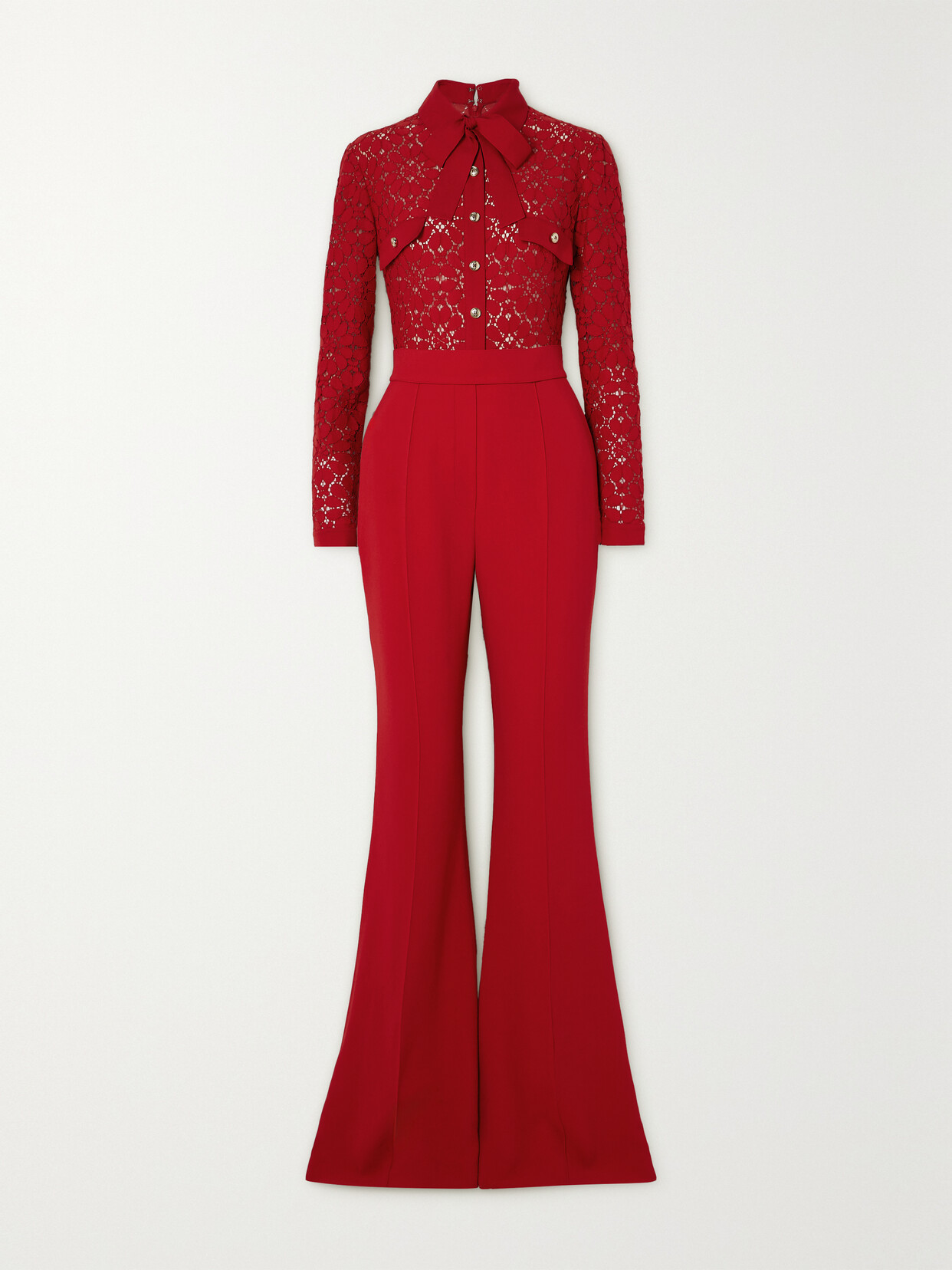 Elie Saab Pussy-bow Corded Lace And Crepe Jumpsuit In Red