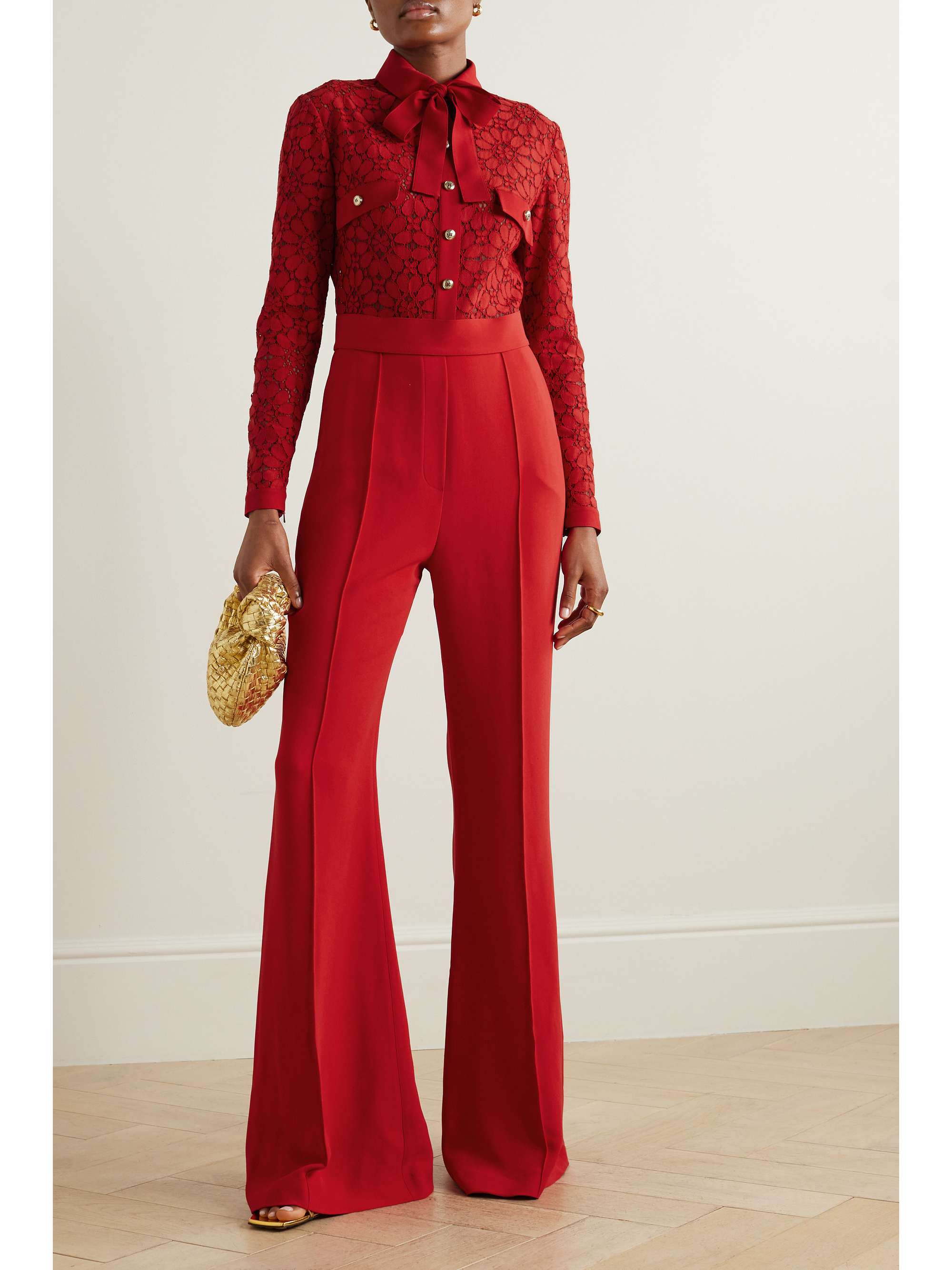 ELIE SAAB Tie-neck lace and crepe jumpsuit