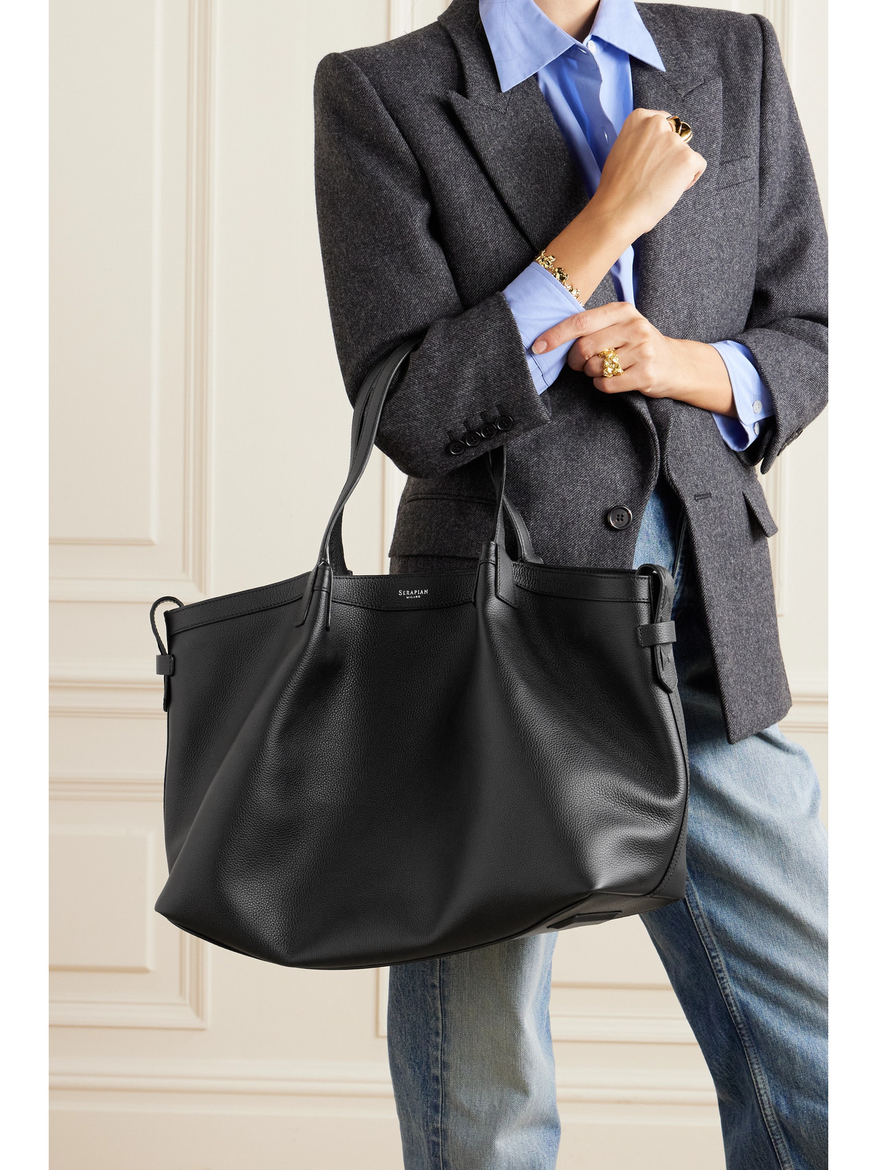 Serapian Secret Large Textured-leather Tote In Black