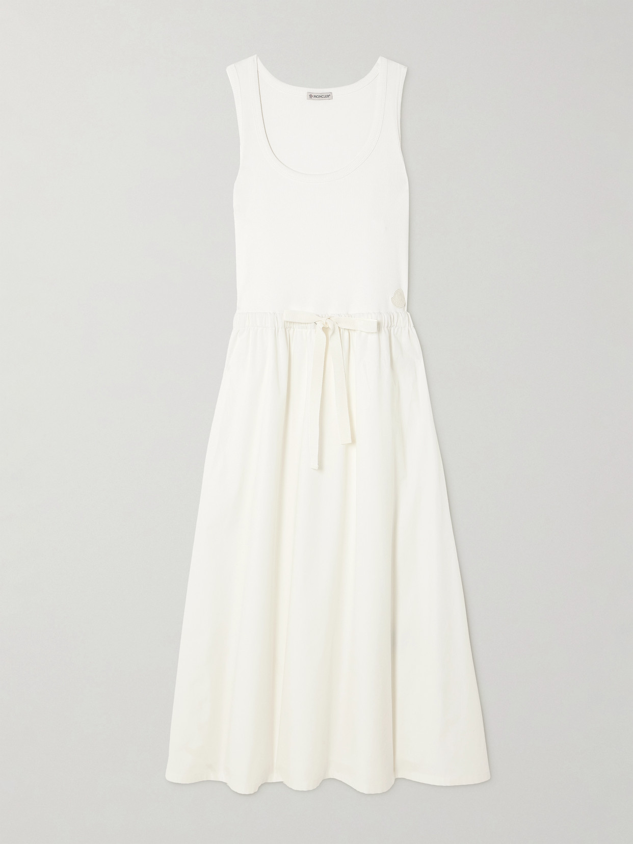 Shop Moncler Lond Tie-detailed Ribbed-knit And Stretch-cotton Midi Dress In White