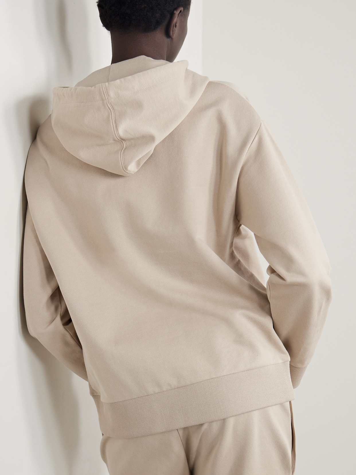 Shop Moncler Embroidered Cotton-jersey Hoodie In Neutrals