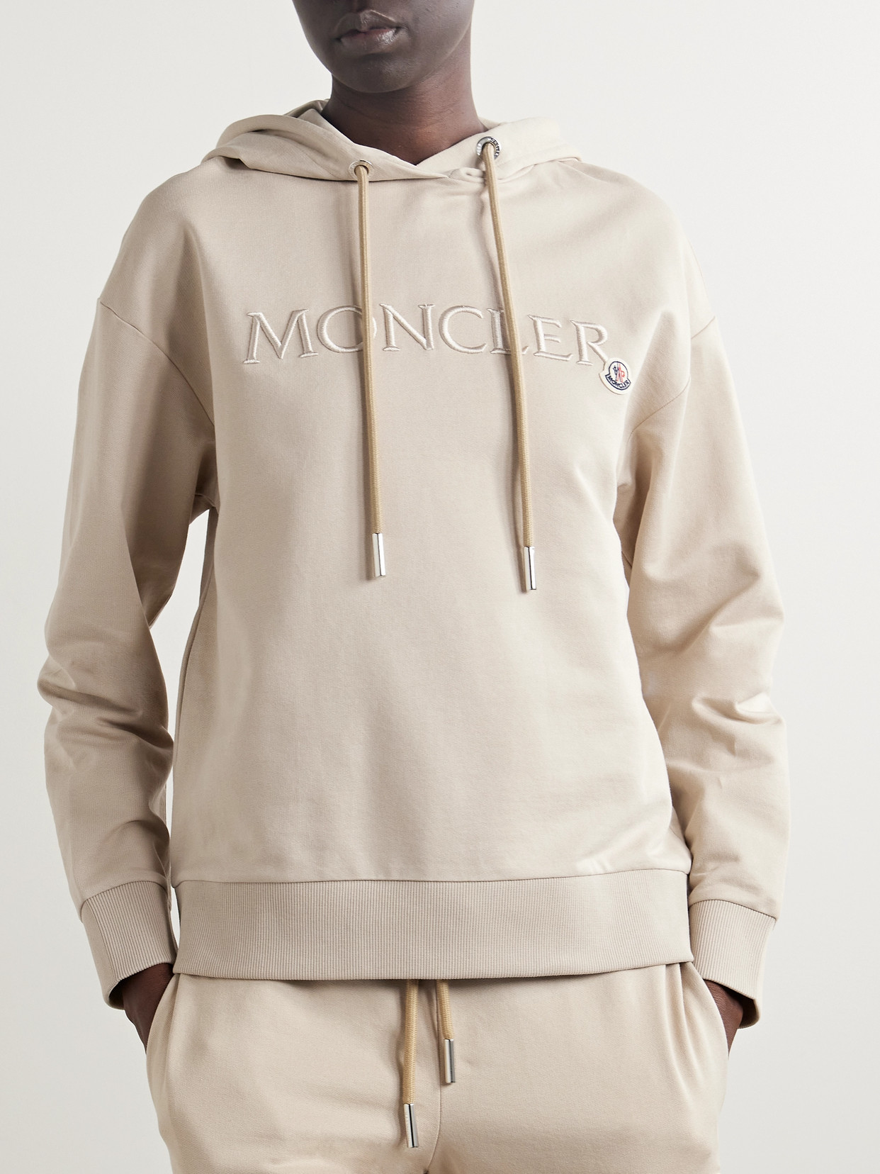 Shop Moncler Embroidered Cotton-jersey Hoodie In Neutrals