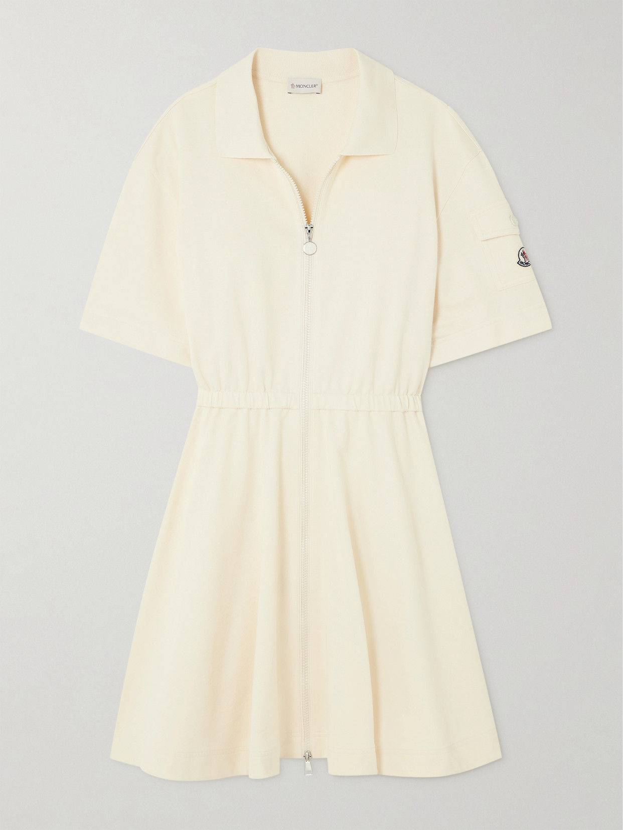 Shop Moncler Pleated Cotton-piqué Mini Shirt Dress In White