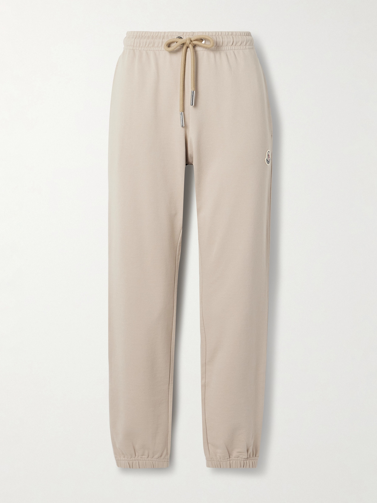 Shop Moncler Appliquéd Cotton-jersey Tapered Track Pants In Neutrals