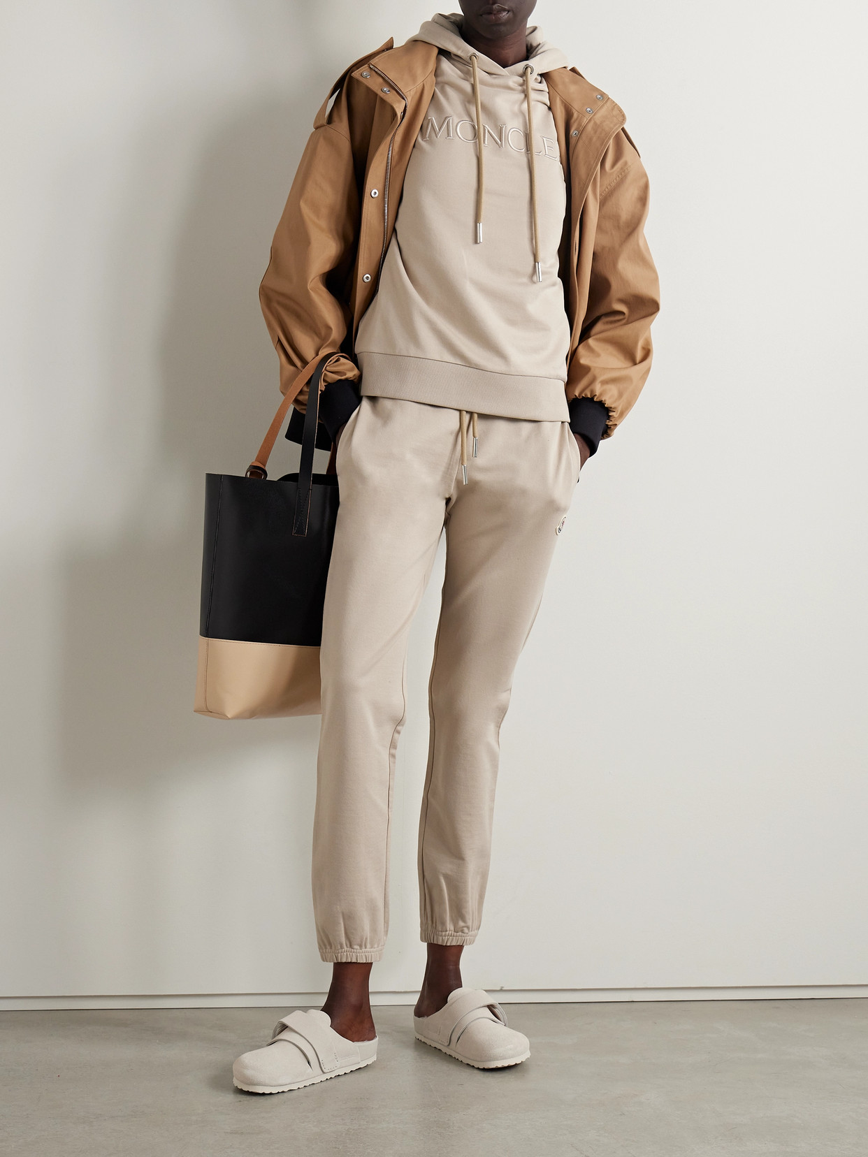 MONCLER APPLIQUÉD COTTON-JERSEY TAPERED TRACK PANTS 