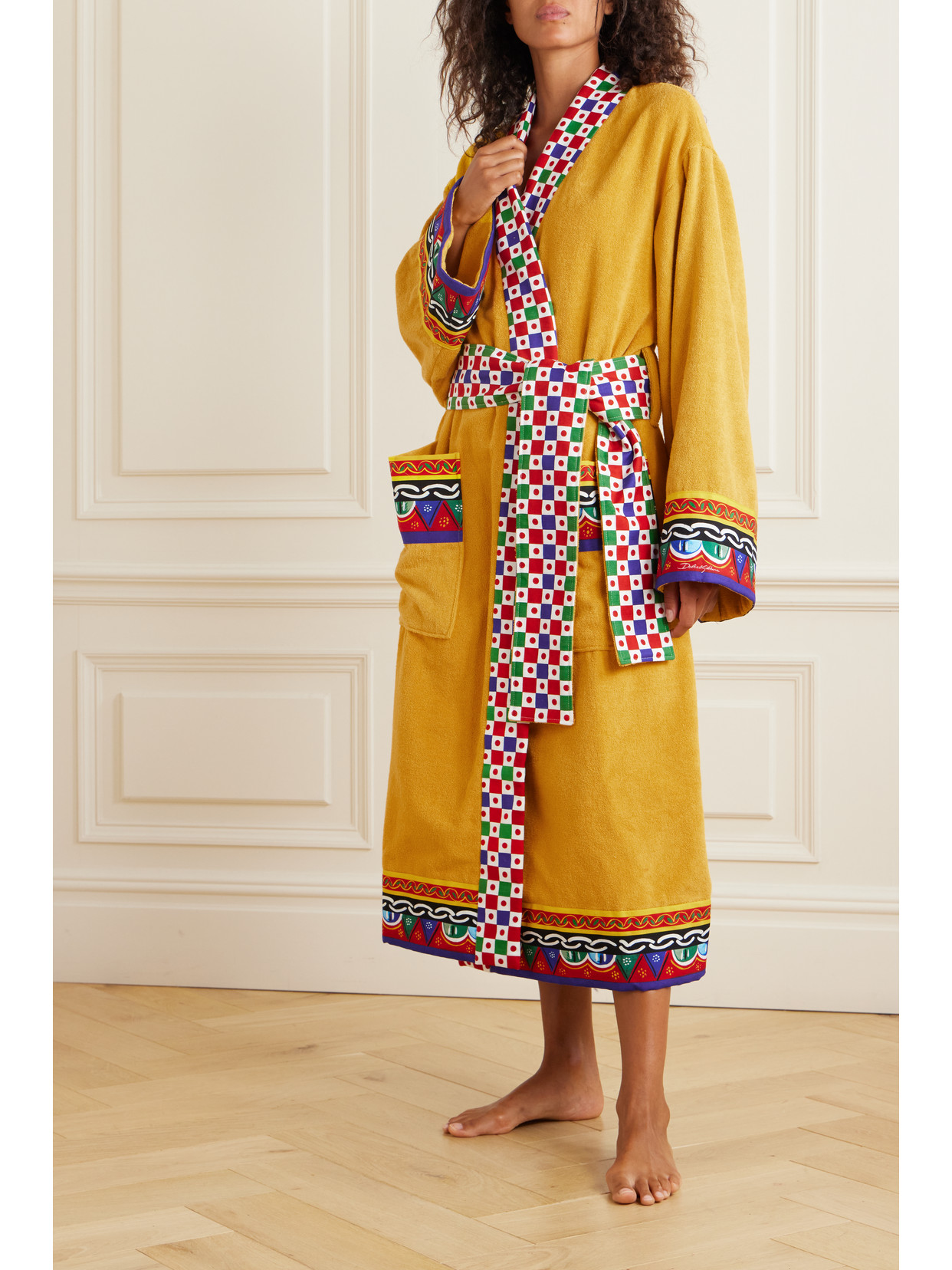 Dolce & Gabbana Printed Cotton-terry Robe In Yellow
