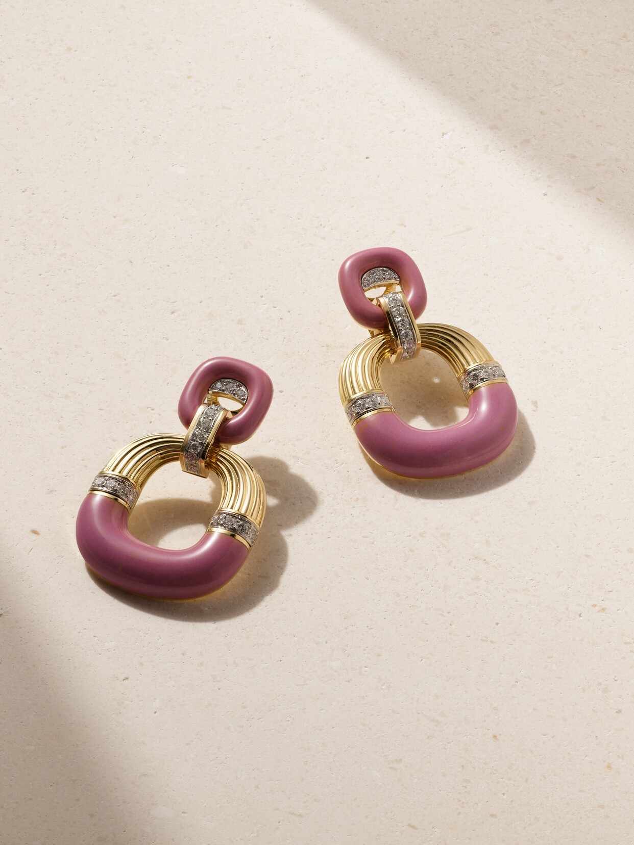 David Webb Radiator 18-karat Gold, Platinum, Diamond And Enamel Clip Earrings In Pink