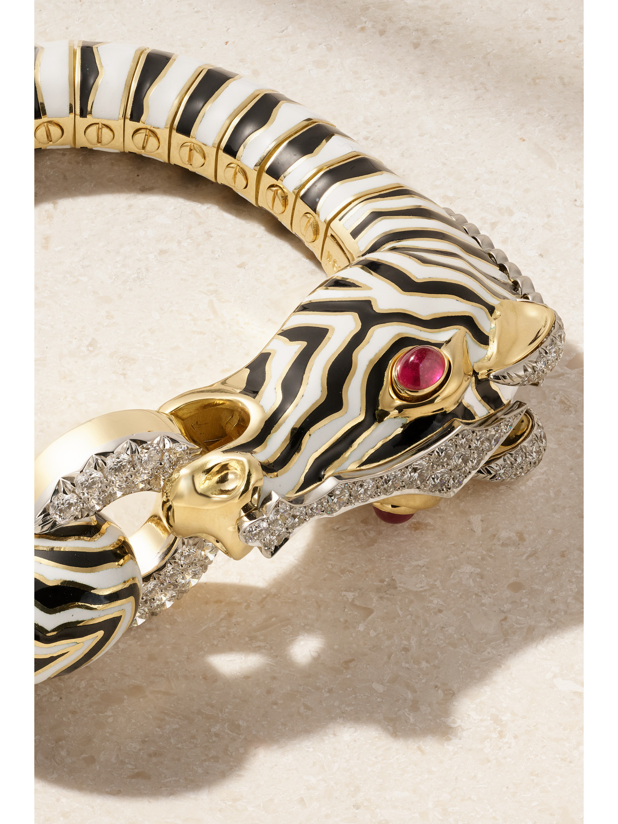 Shop David Webb Zebra 18-karat Gold, Platinum, Diamond, Ruby And Enamel Bracelet In Multi