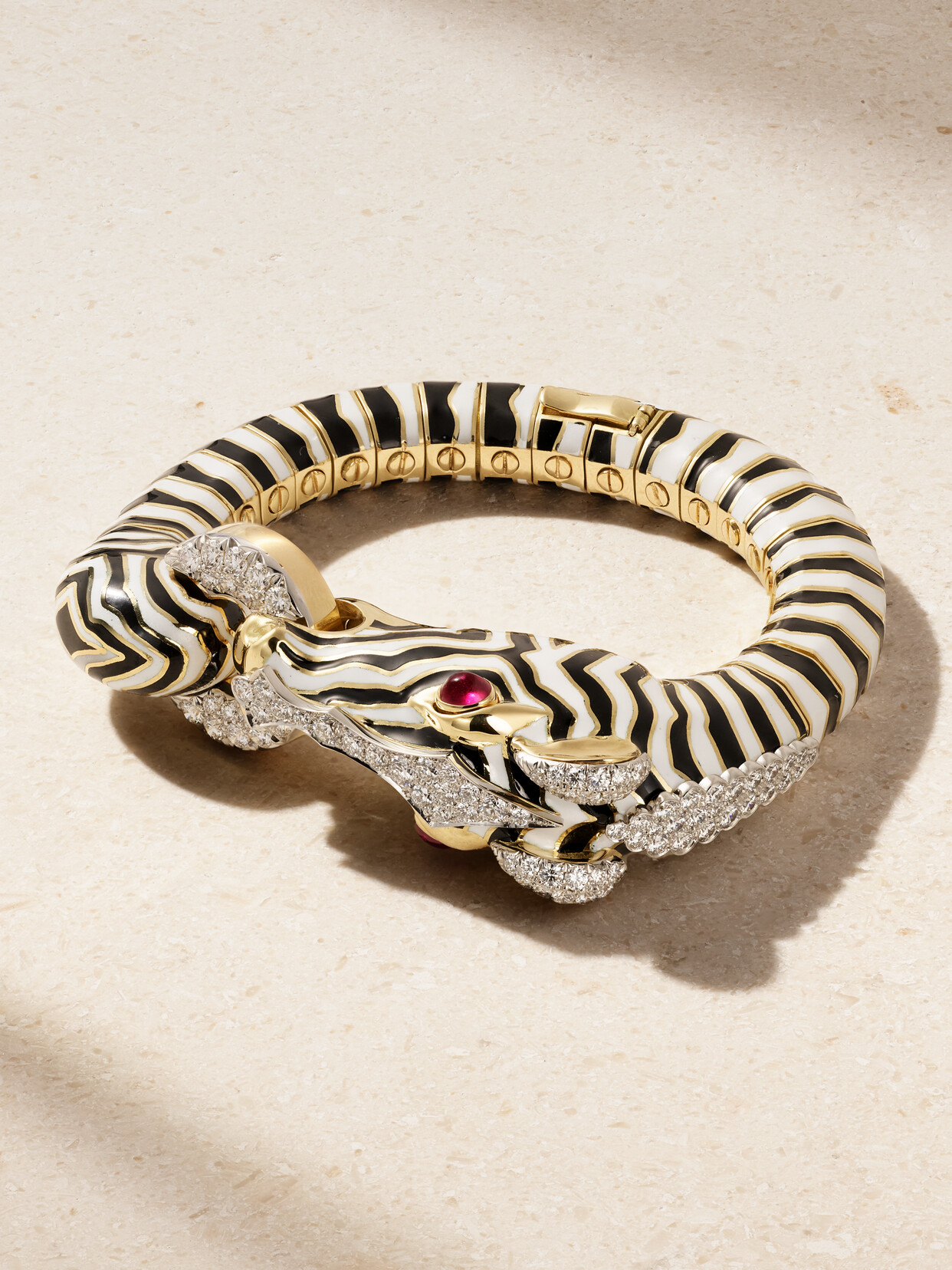 David Webb Zebra 18-karat Gold, Platinum, Diamond, Ruby And Enamel Bracelet In Multi