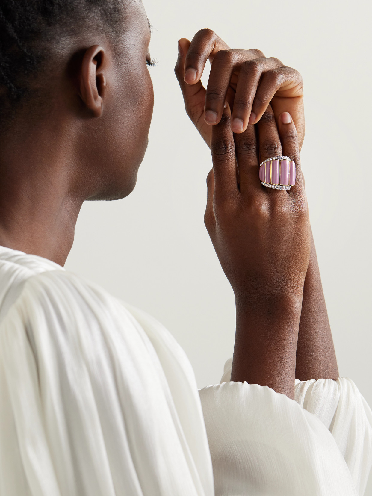 David Webb Scallop 18-karat Gold, Platinum, Diamond And Enamel Ring In Pink