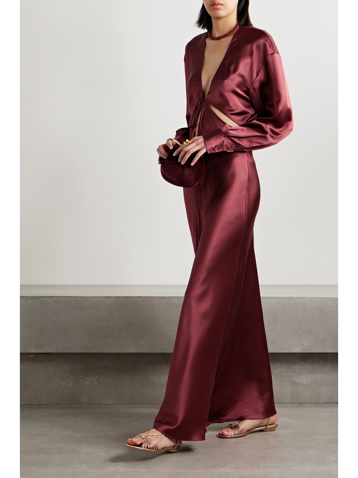 Shop Christopher Esber Triquetra Cutout Silk-satin Maxi Dress In Burgundy