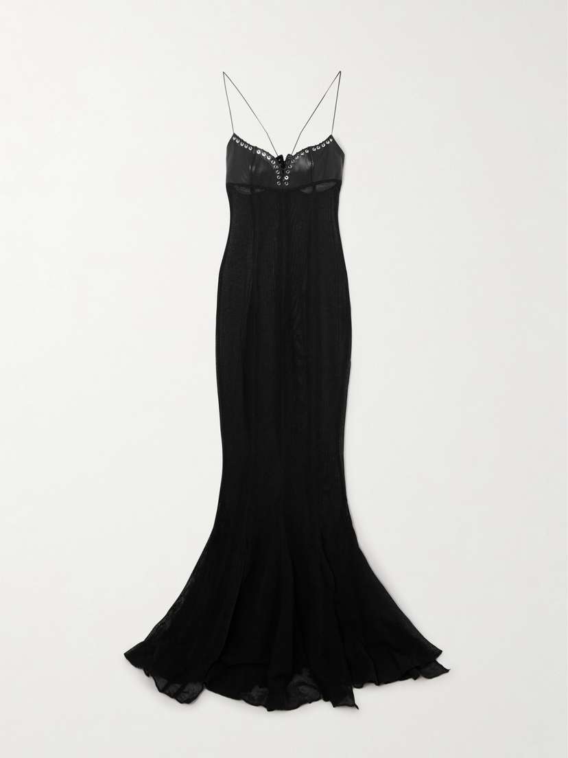 Ludovic de Saint Sernin Leather-trimmed Cotton-blend Fishnet Maxi Dress