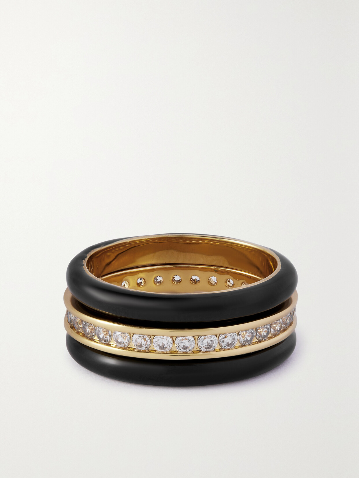 Roxanne Assoulin - Back In Black Gold-tone, Crystal And Enamel Rings - 7