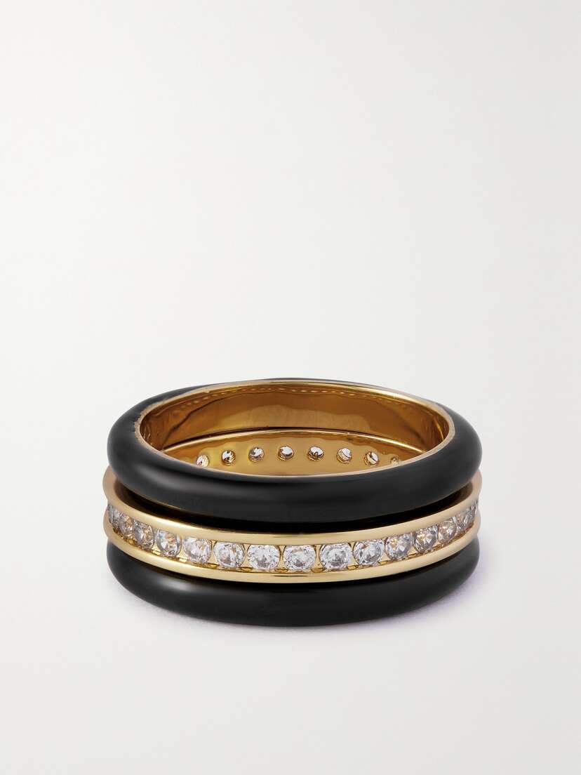 Roxanne Assoulin Back In Black Gold-tone, Crystal And Enamel Rings