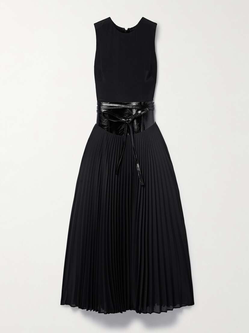 Brandon Maxwell The Claudia Belted Crinkled Leather-paneled Pleated Silk-crepe Maxi Dress