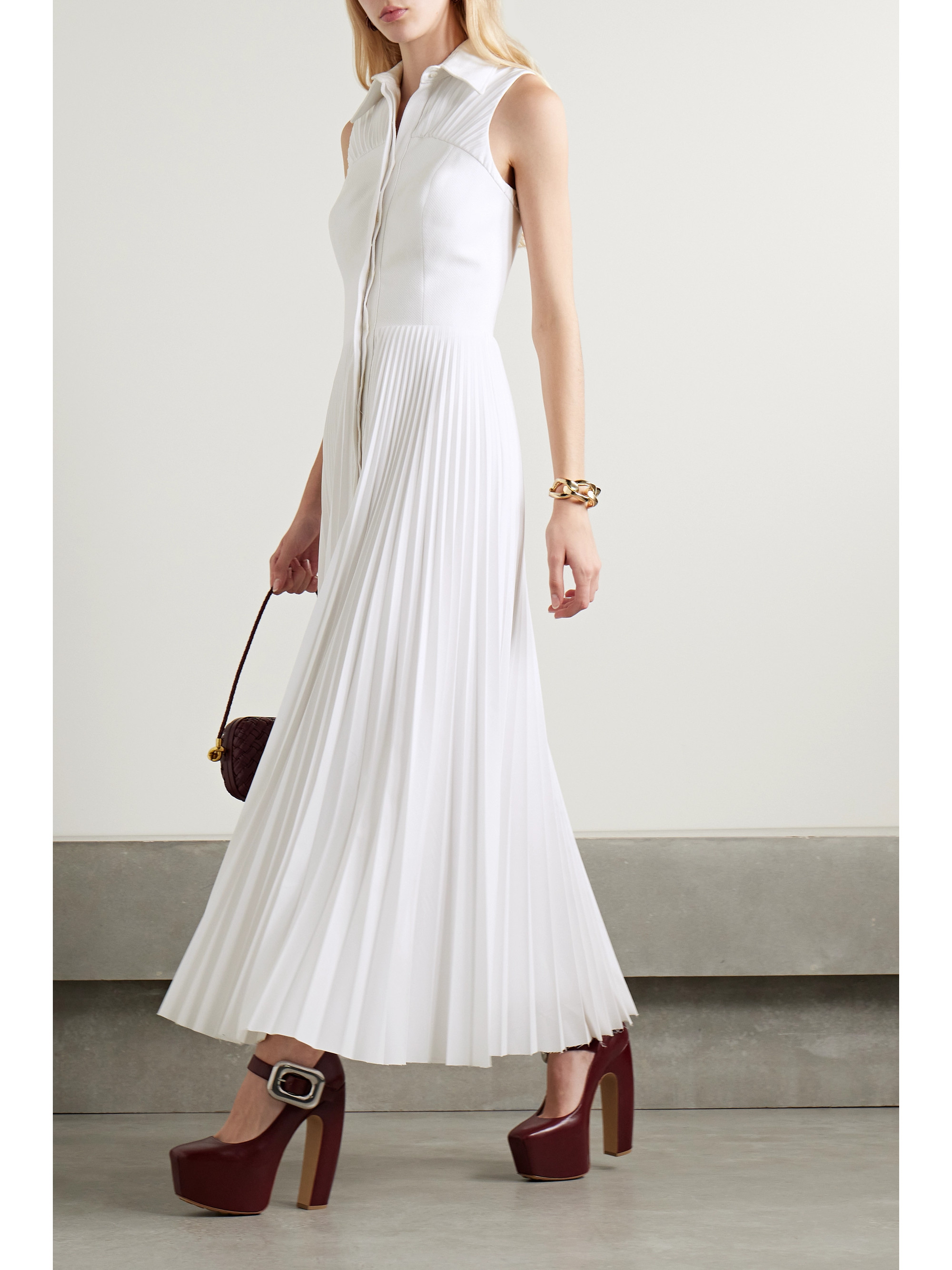 brandon maxwell pleated dress Brandon Maxwell - The Alston pleated poplin and piqué midi dress