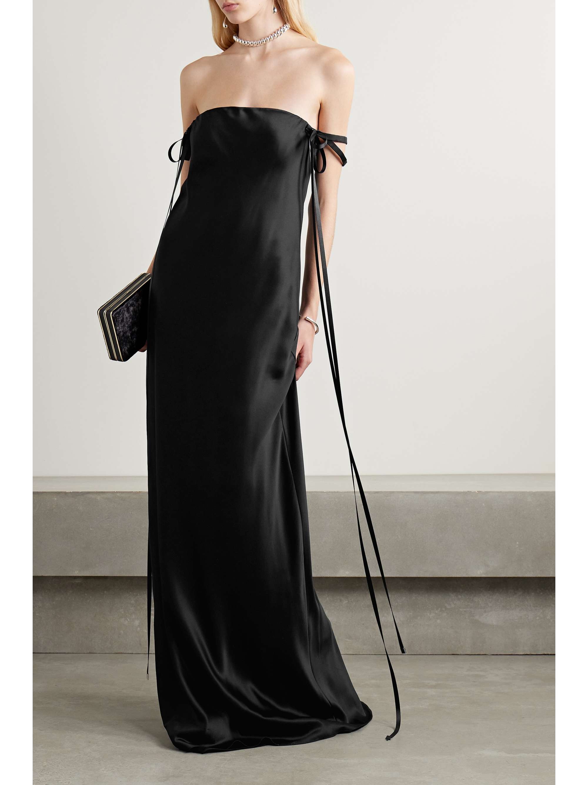 The Emerson tie-detailed off-the-shoulder silk-satin gown