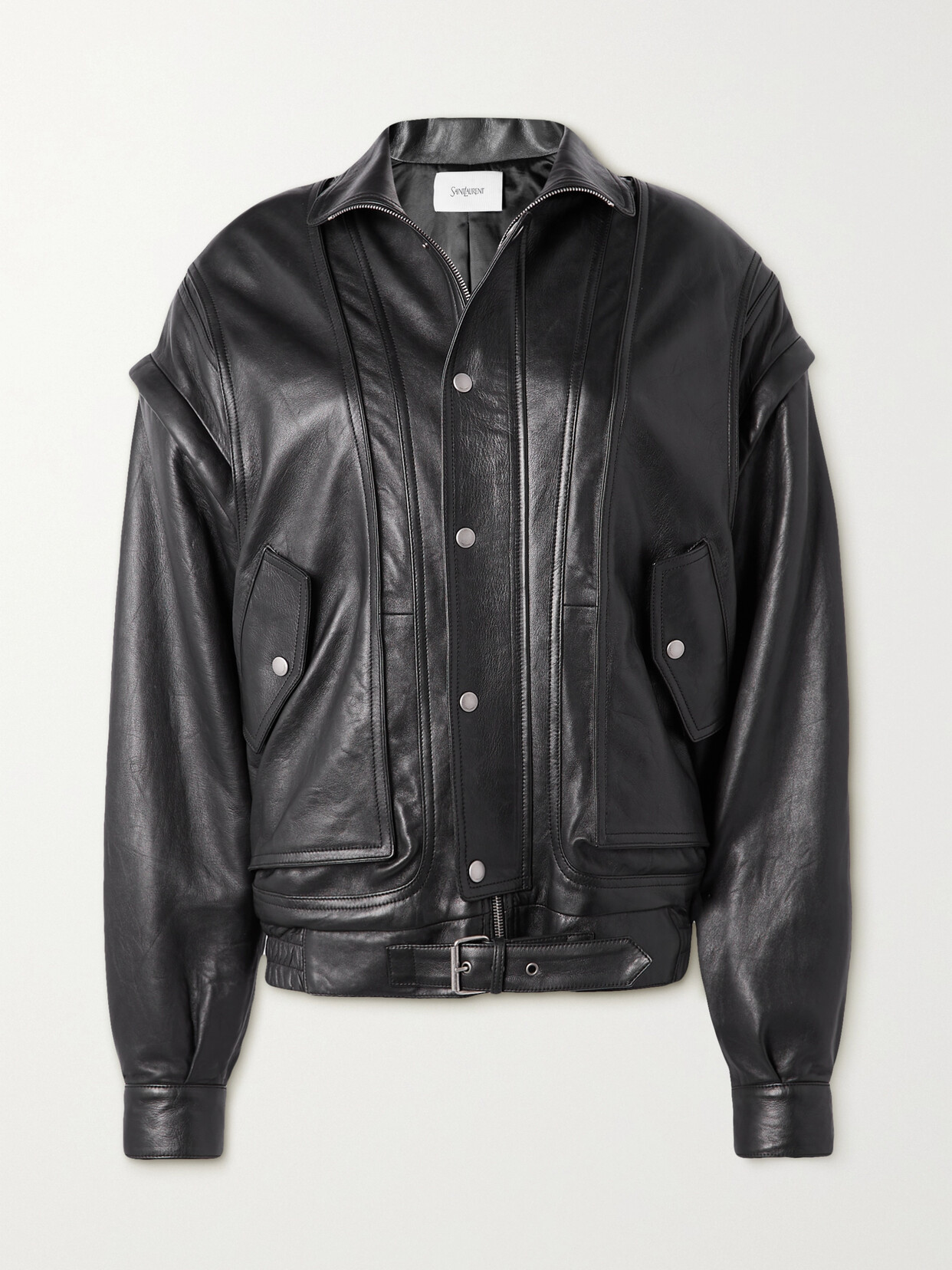 Saint Laurent Oversized Paneled Leather Biker Jacket In Black