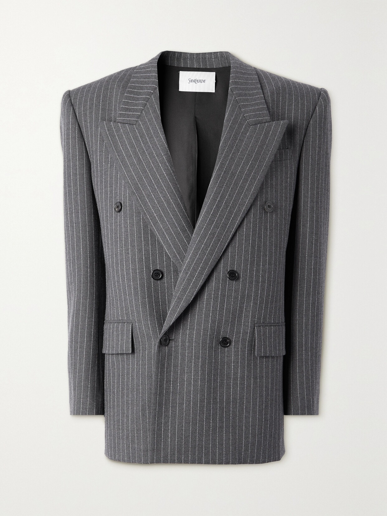 Saint Laurent Pinstriped Double-breasted Wool Blazer In Grey