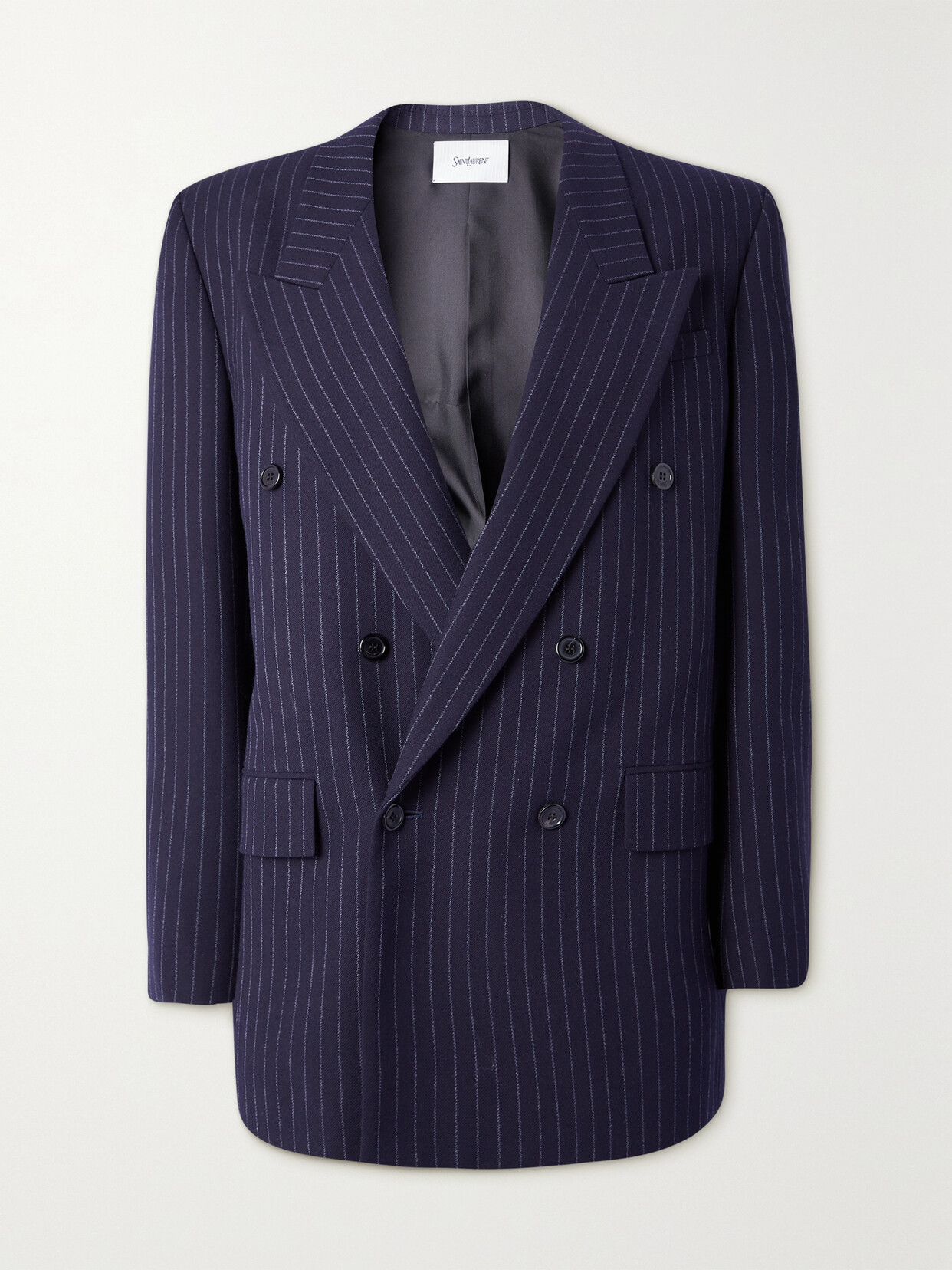 SAINT LAURENT Double-breasted Pinstriped Wool-twill Blazer - Blue