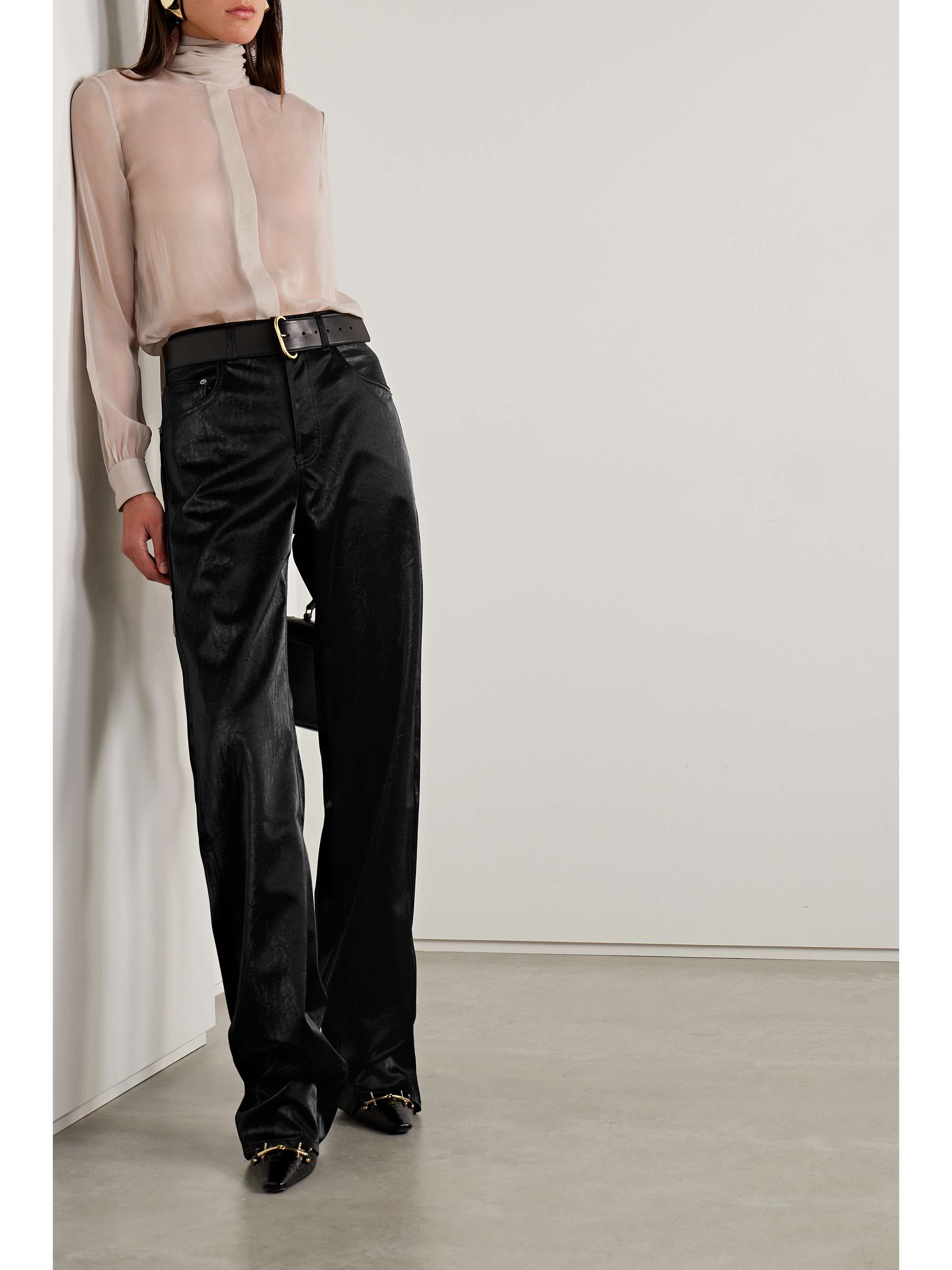 FAUX LEATHER STRAIGHT FIT TROUSERS - Black