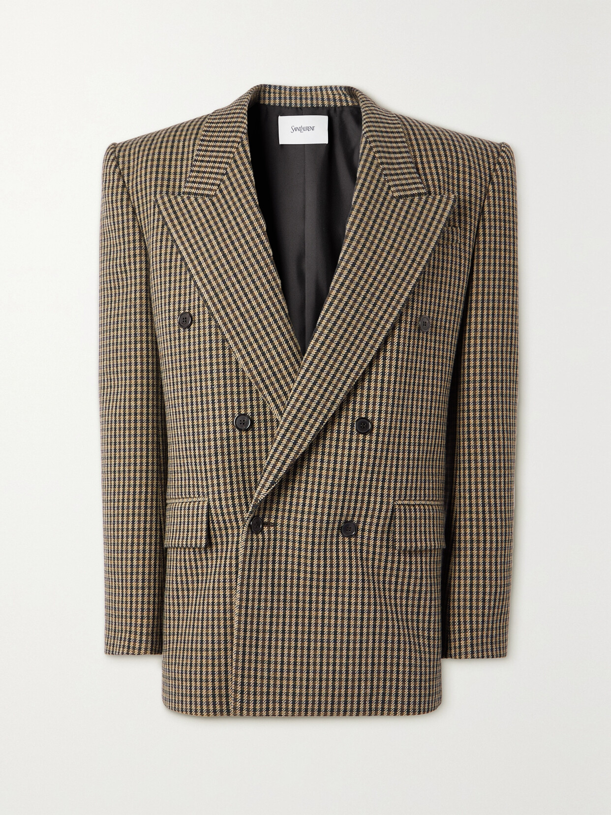 Shop Saint Laurent Double-breasted Checked Wool-blend Blazer In Neutrals